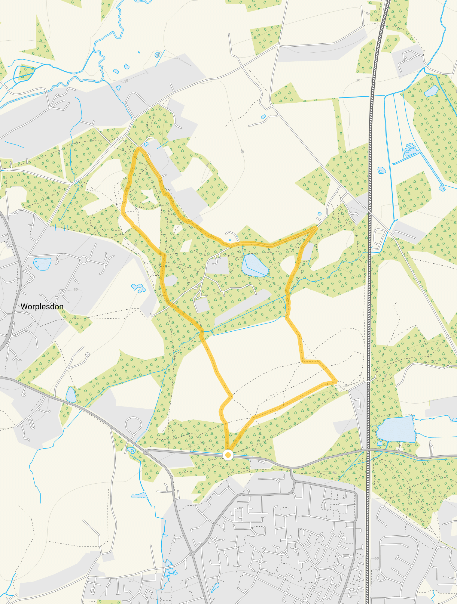 Route map for Whitmoor Common Walk, a 2.75 mile circular walk in Surrey