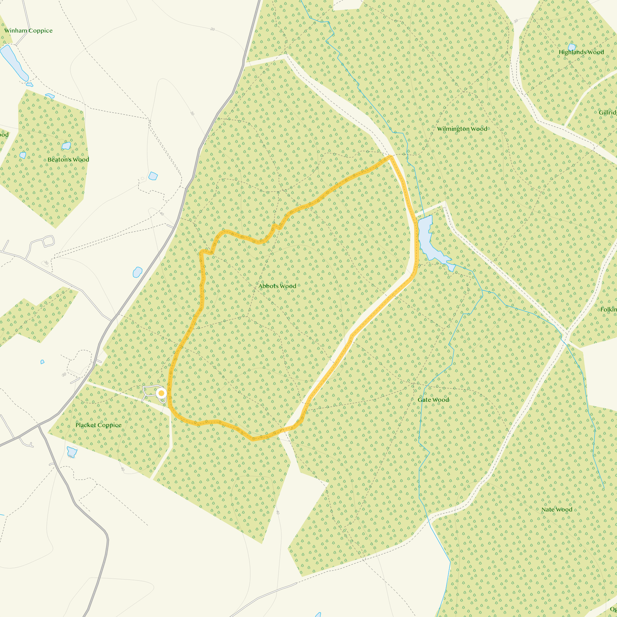 Route map for Abbots Wood Walk 2, a 1.5 mile circular walk in Sussex
