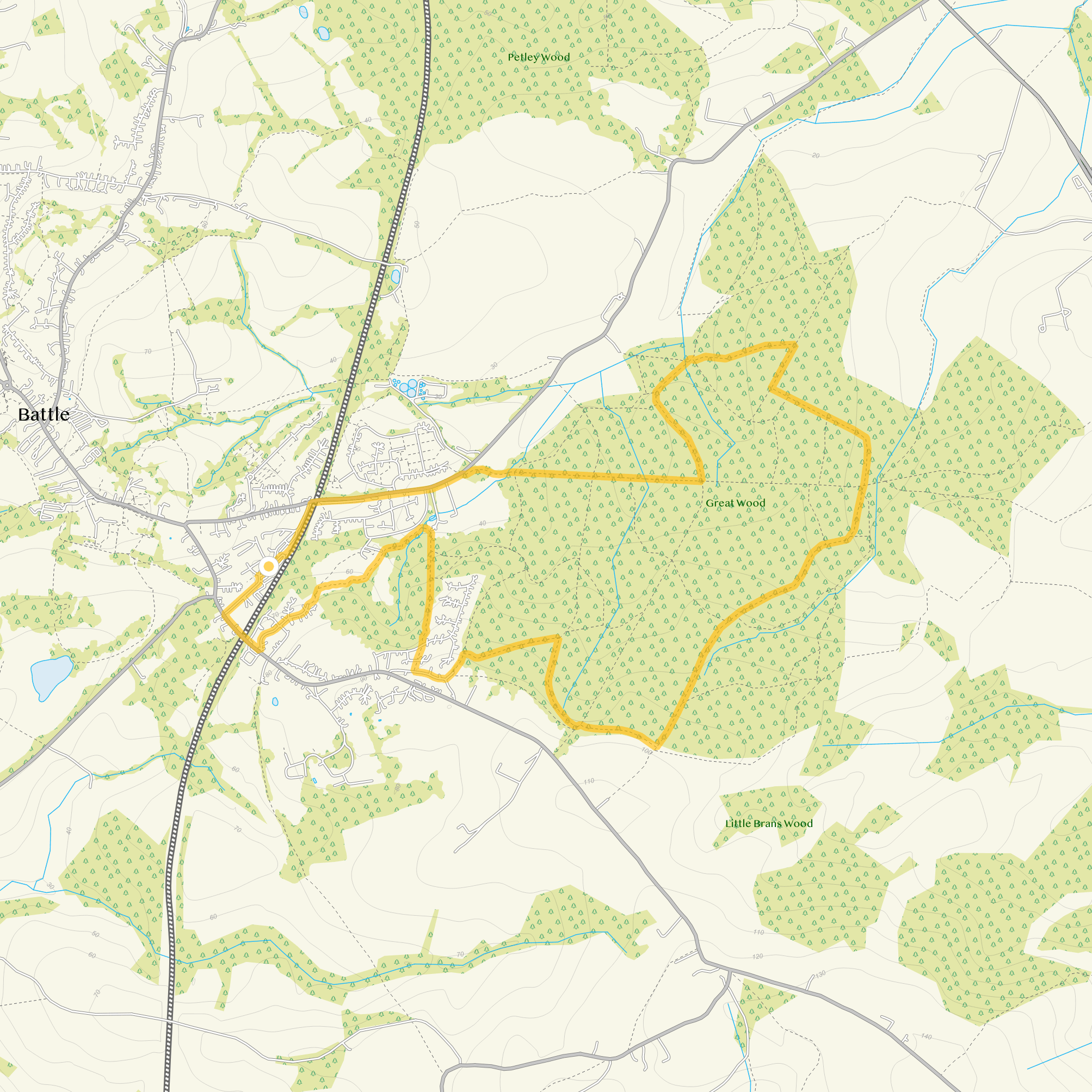 Route map for Battle Walk 1, a 4.5 mile circular walk in Sussex