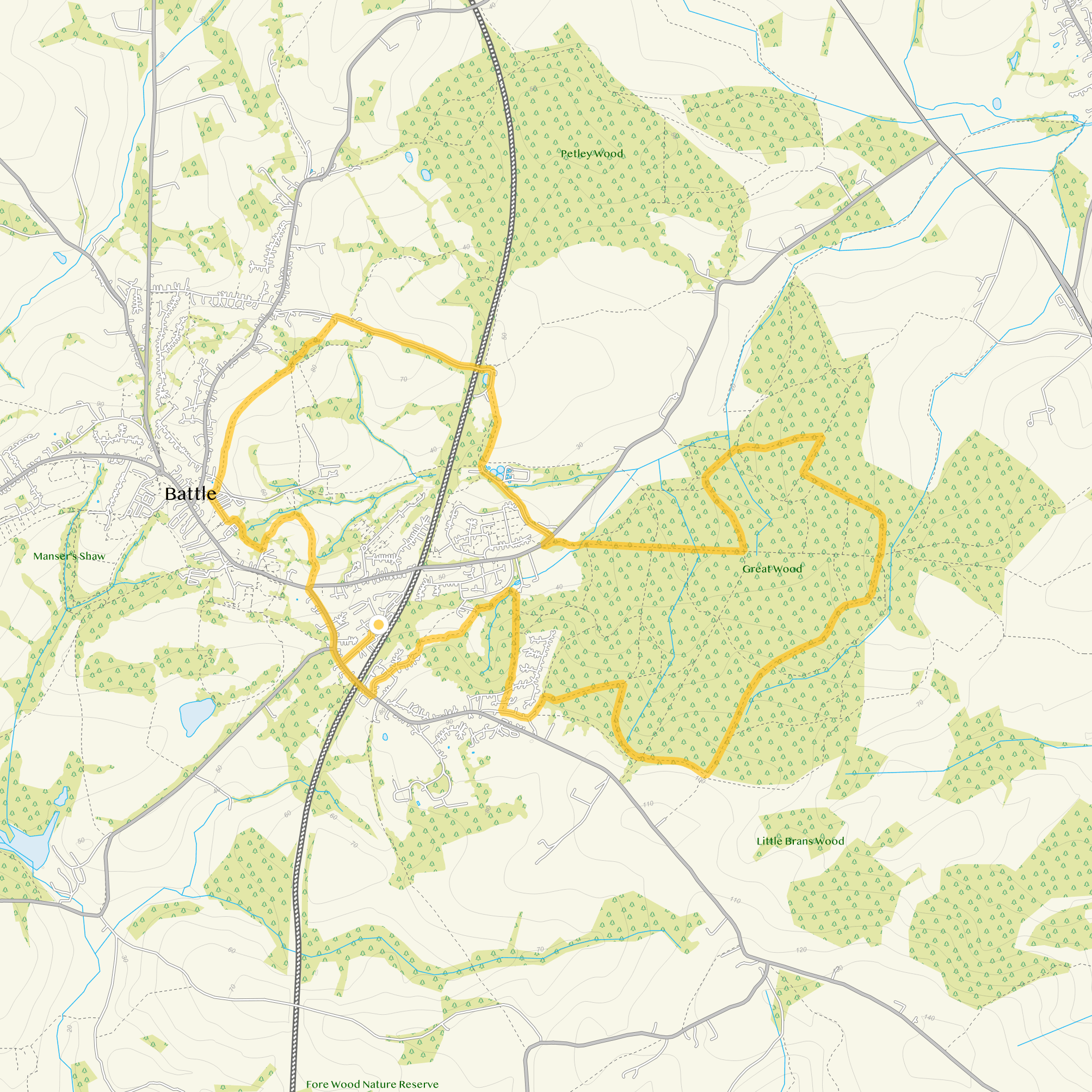 Route map for Battle Walk 2, a 6.25 mile circular walk in Sussex