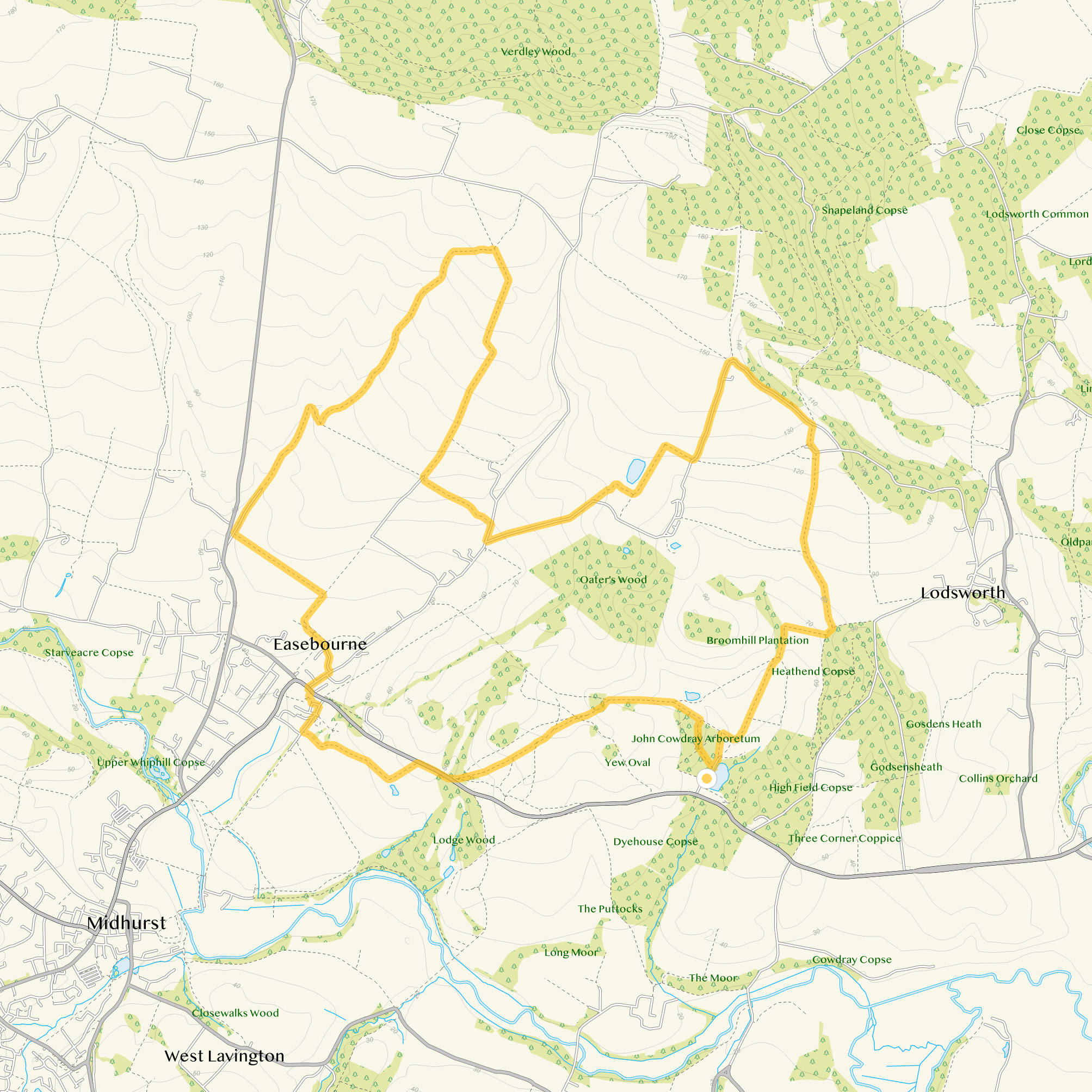 Route map for Benbow Pond Walk 2, a 6.75 mile circular walk in Sussex