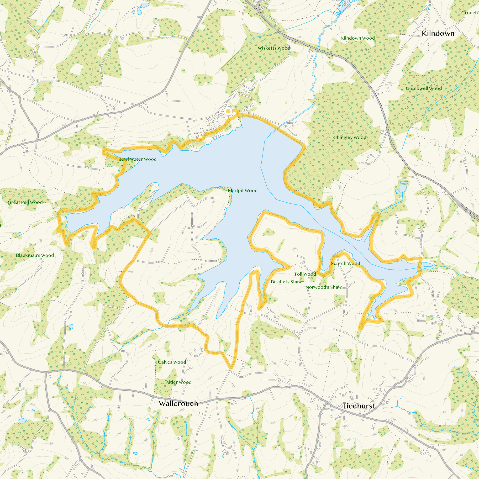 Route map for Bewl Water Reservoir Walk, a 13.5 mile circular walk in Sussex