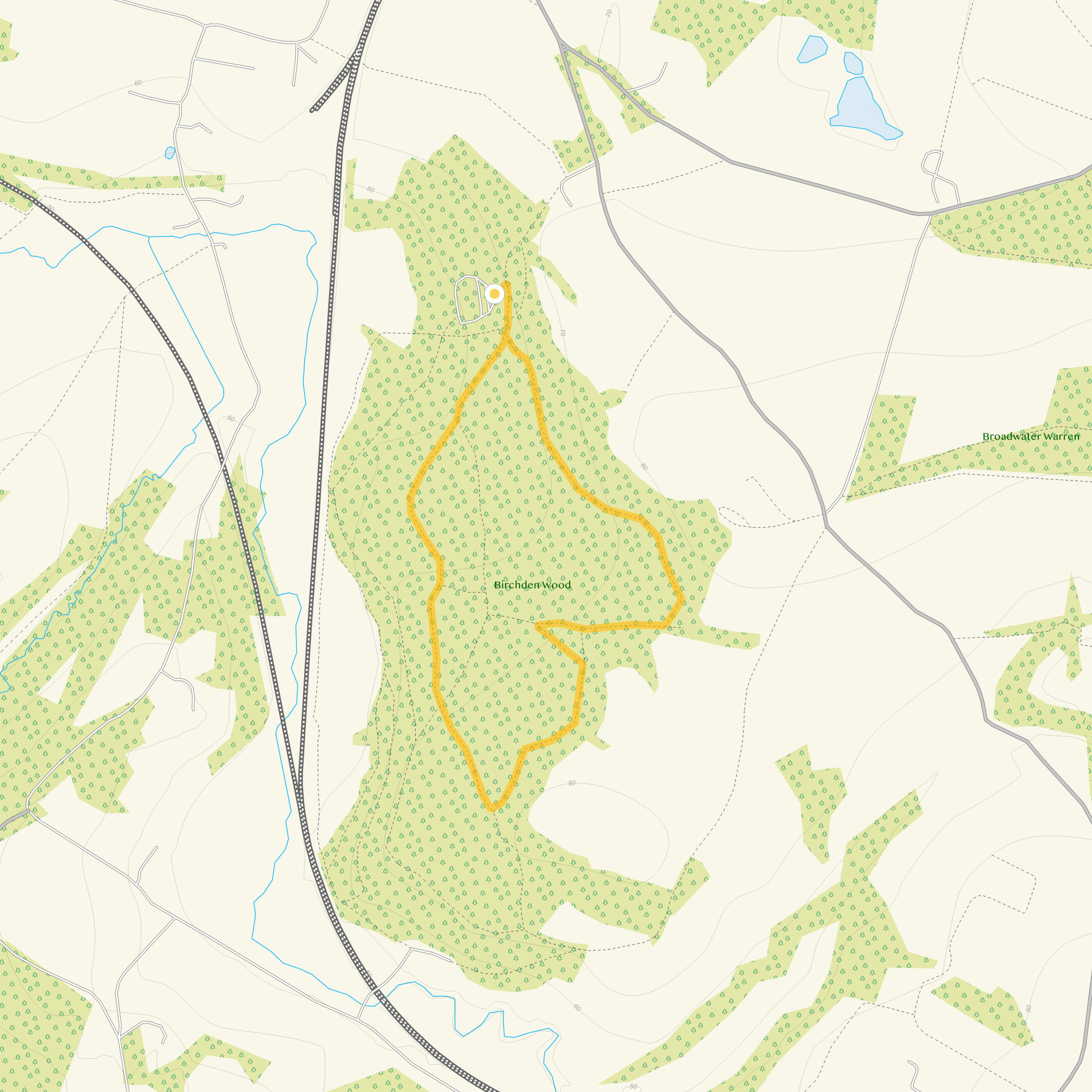 Route map for Birchden Wood Walk 2, a 1.5 mile circular walk in Sussex