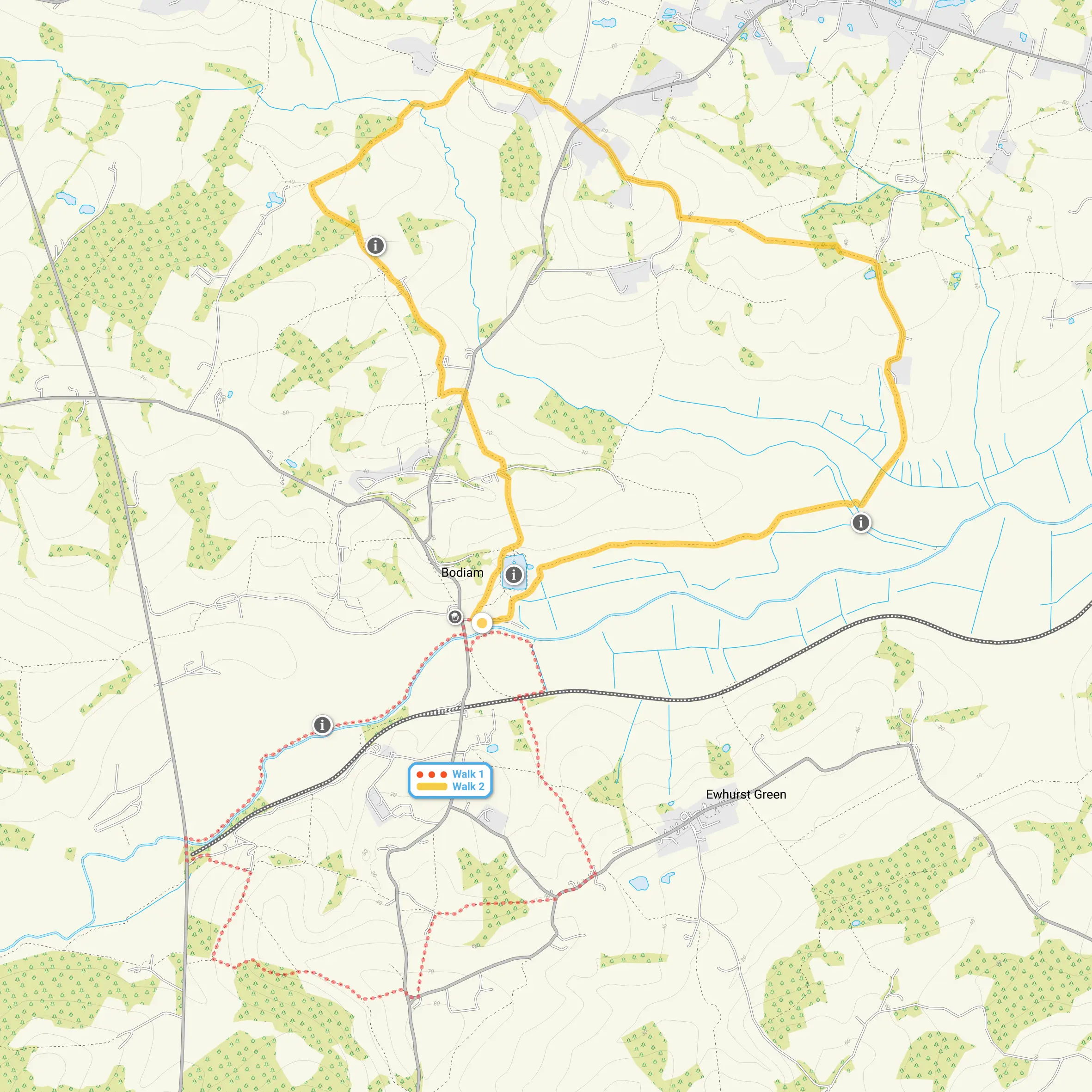 Route map for Bodiam Castle Walk 1, a 4.25 mile circular walk in Sussex