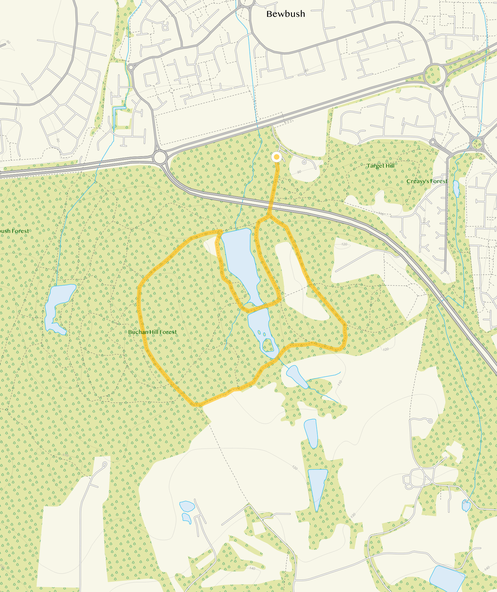 Route map for Buchan Country Park walk, a 2 mile circular walk in Sussex