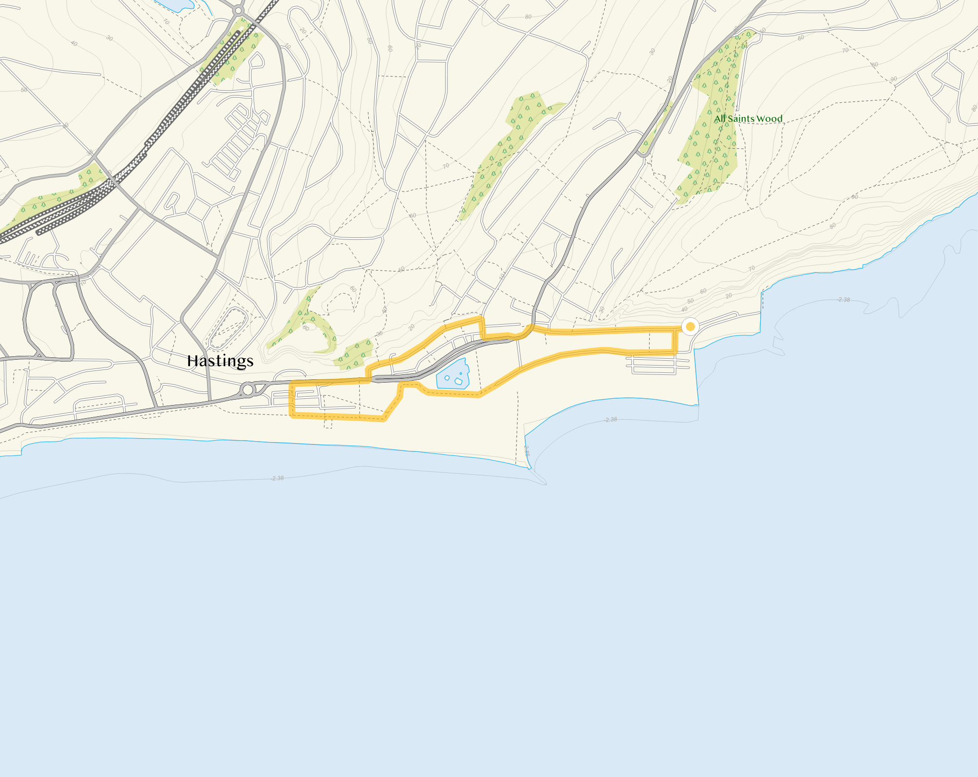 Route map for Hastings Walk 1, a 1.25 mile circular walk in Sussex