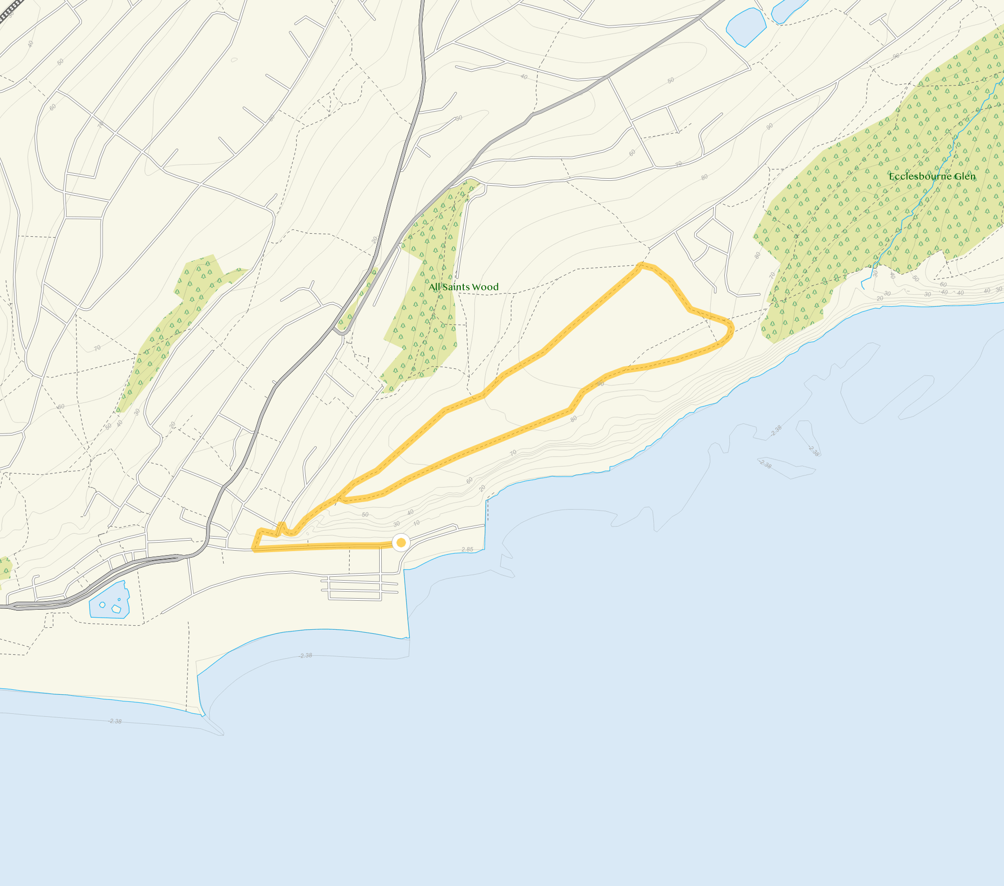 Route map for Hastings Walk 2, a 1.5 mile circular walk in Sussex