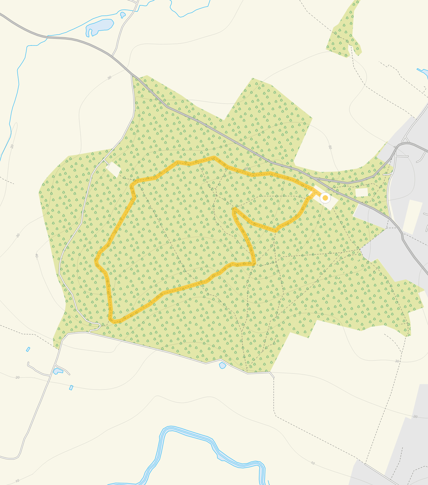 Route map for Hesworth Common Walk 1, a 1.25 mile circular walk in Sussex