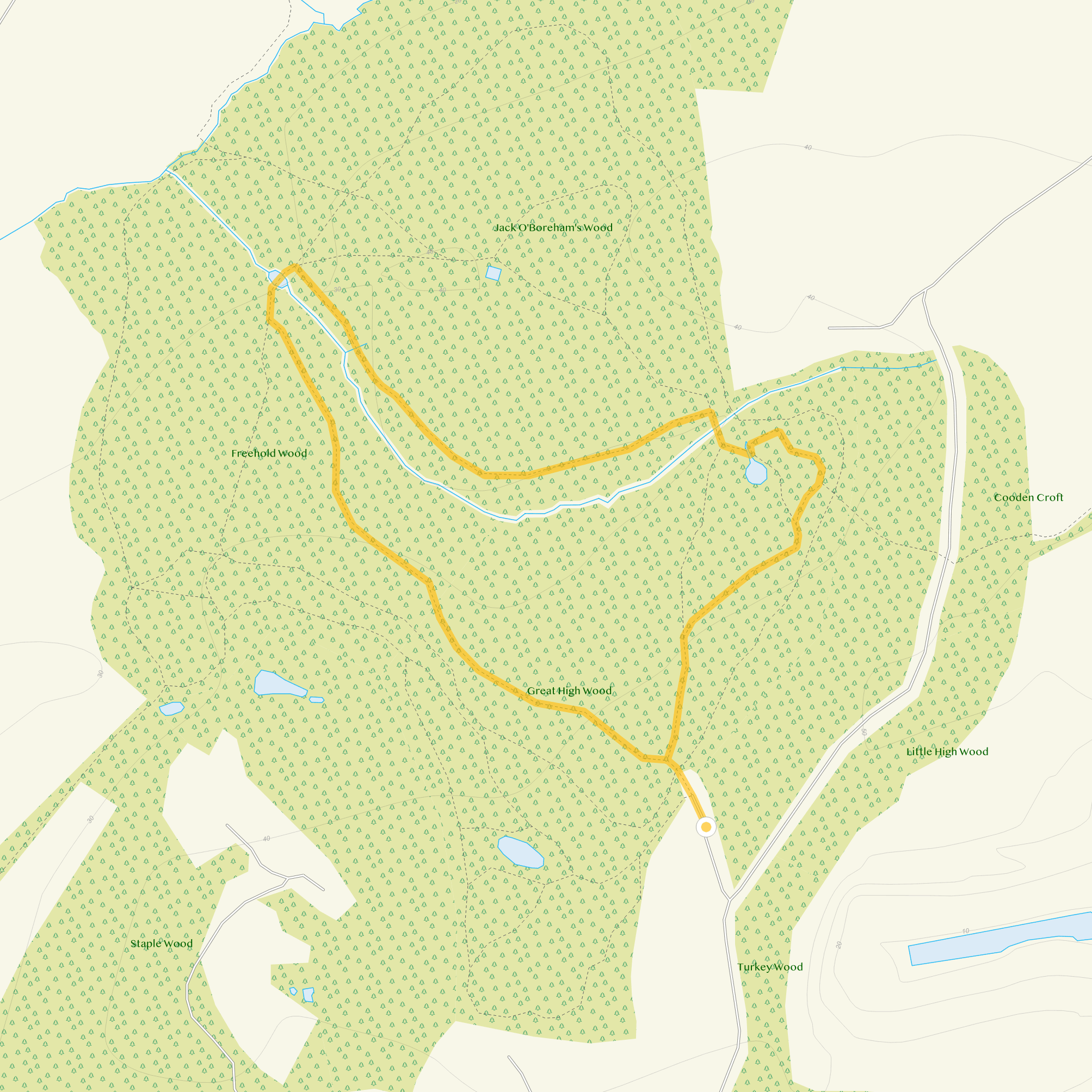 Route map for High Woods Walk 2, a 1 mile circular walk in Sussex
