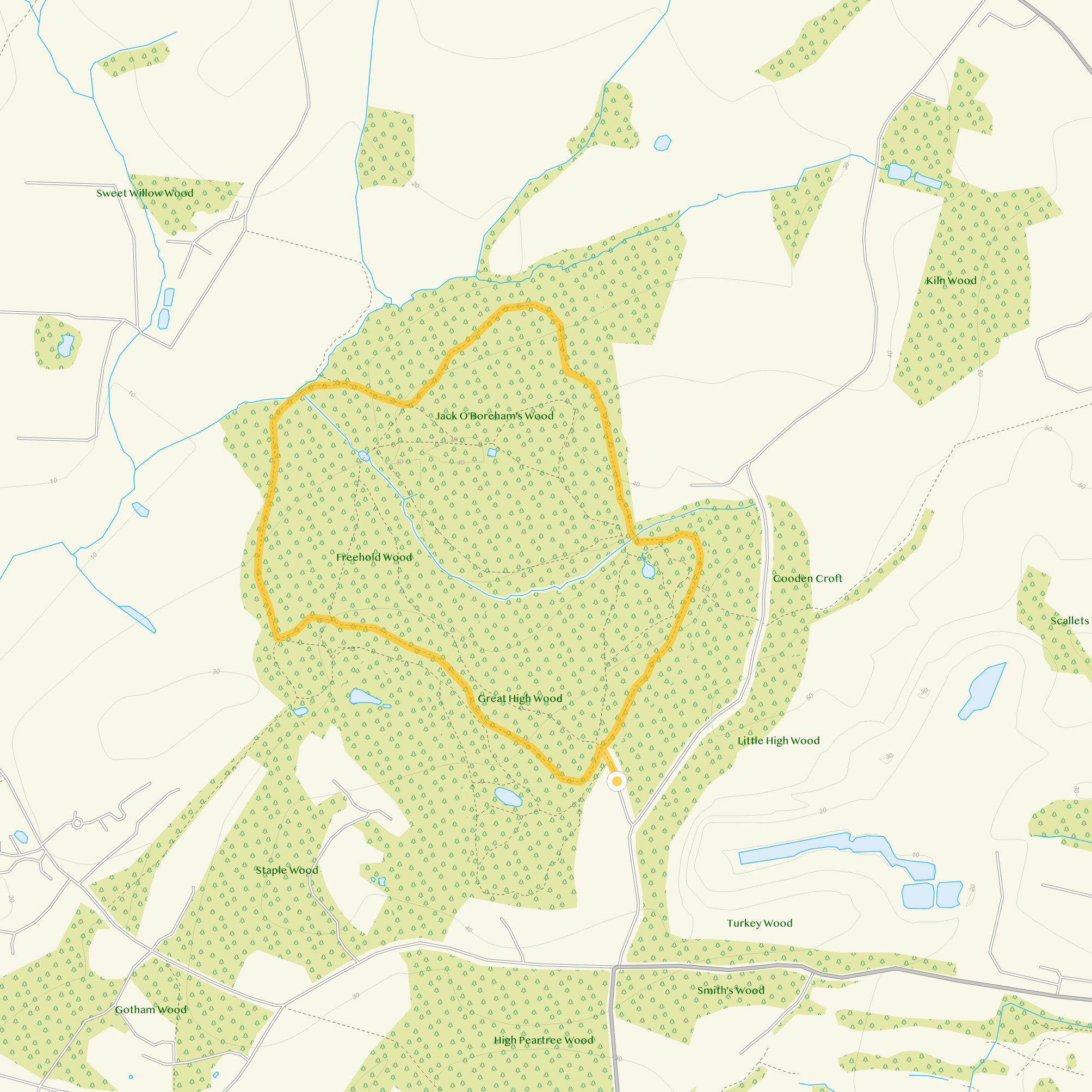 Route map for High Woods Walk 4, a 1.5 mile circular walk in Sussex