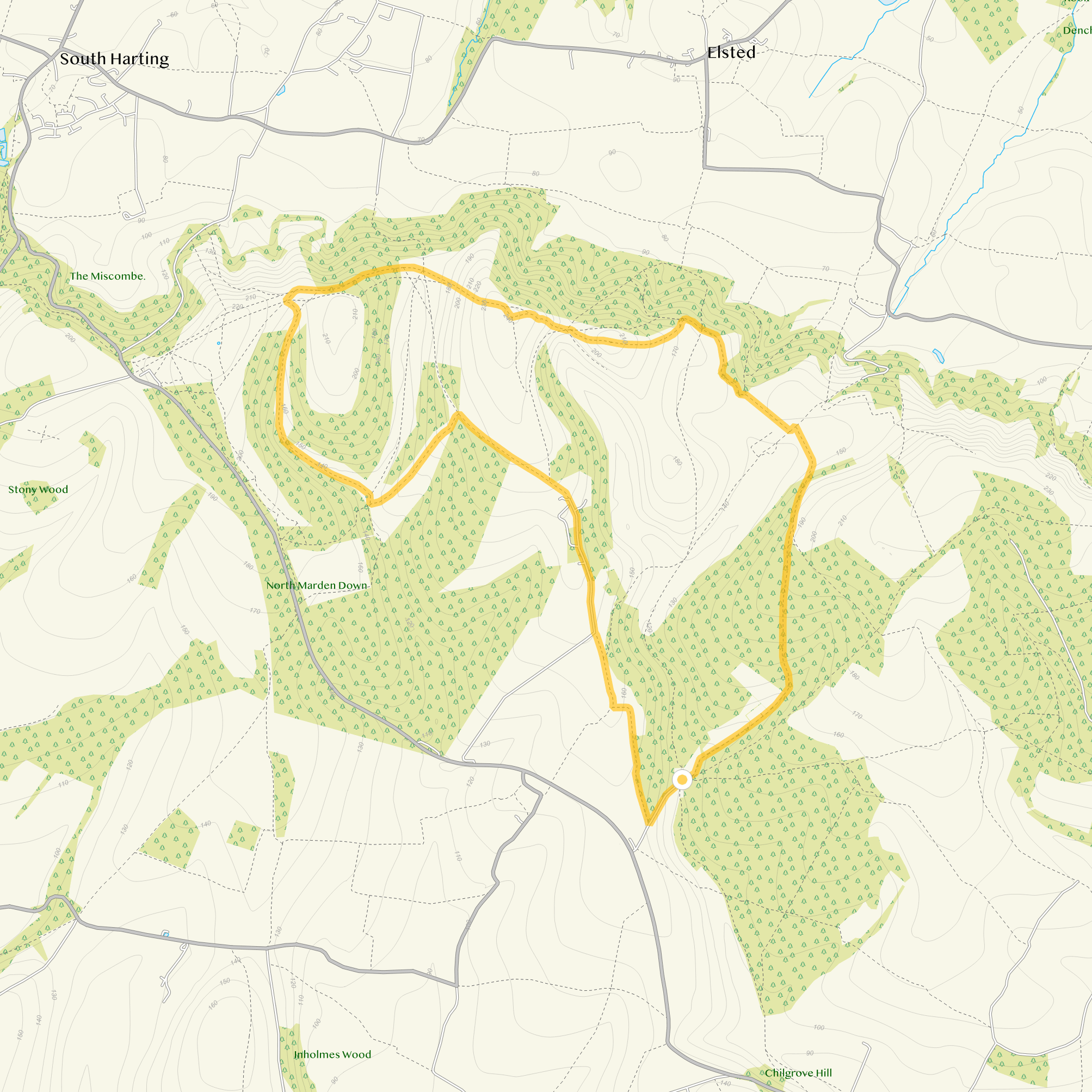 Route map for Hooksway Walk 2, a 5.75 mile circular walk in Sussex