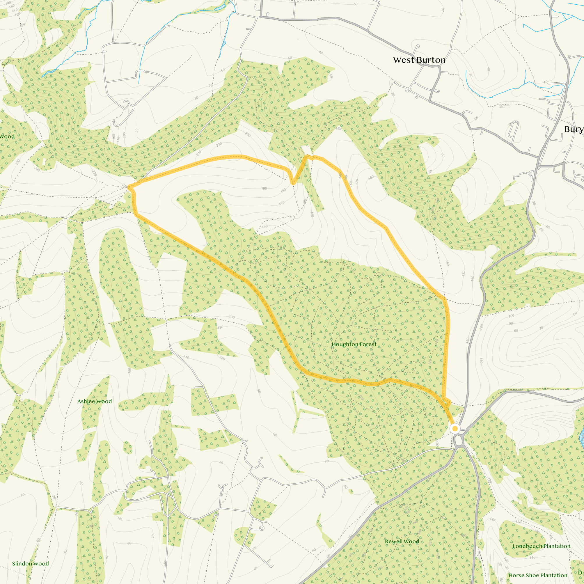Route map for Houghton Forest Walk 2, a 5.25 mile circular walk in Sussex