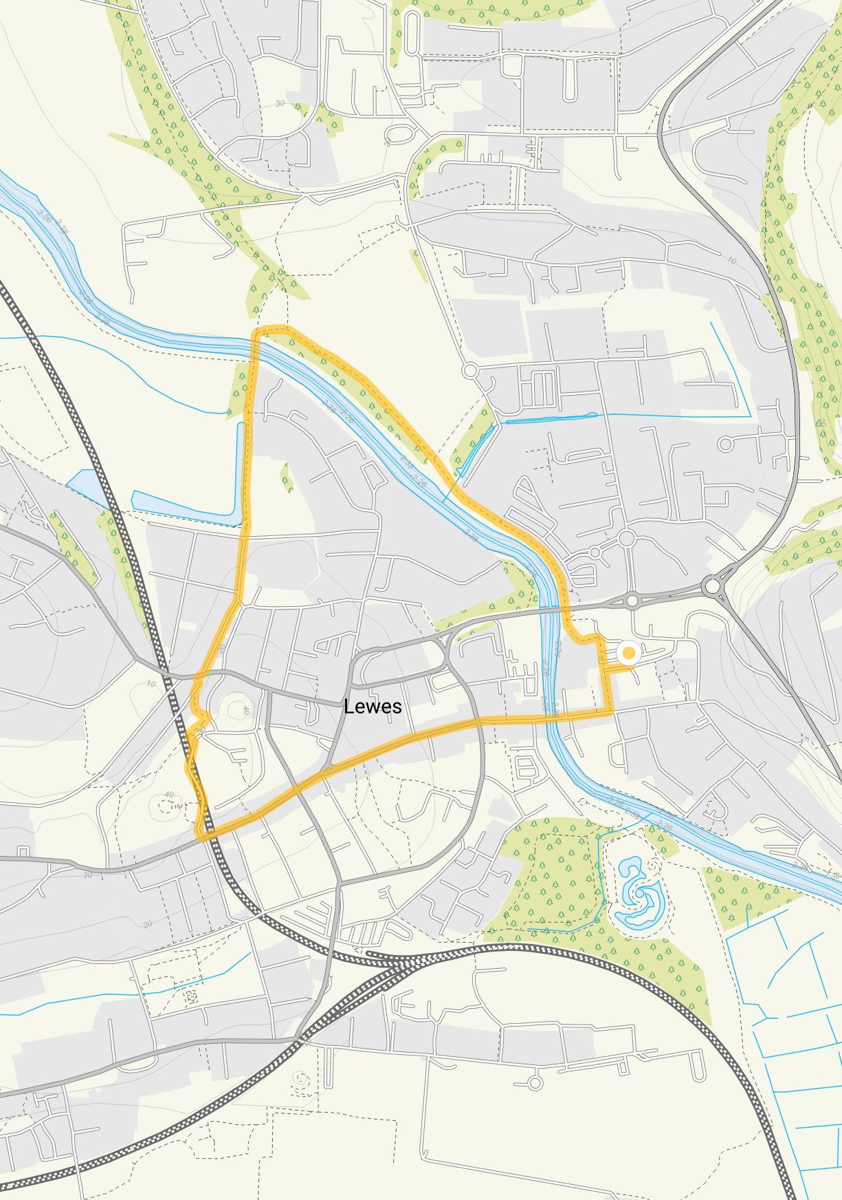 Route map for Lewes Walk 1, a 1.5 mile circular walk in Sussex