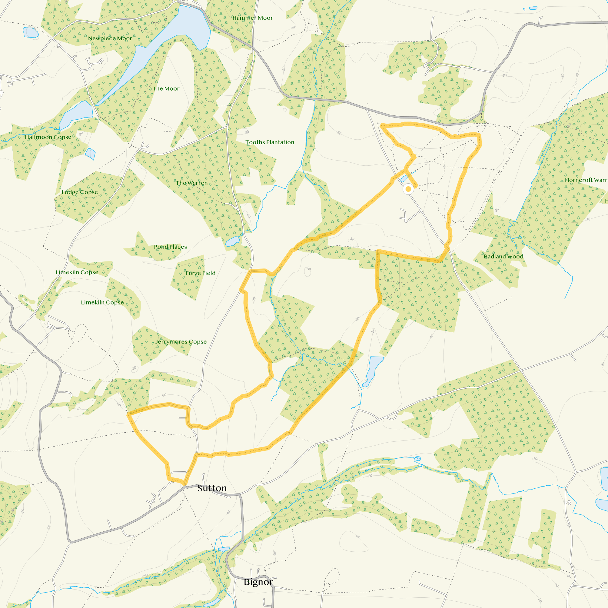 Route map for Lords Piece Walk 2, a 5 mile circular walk in Sussex