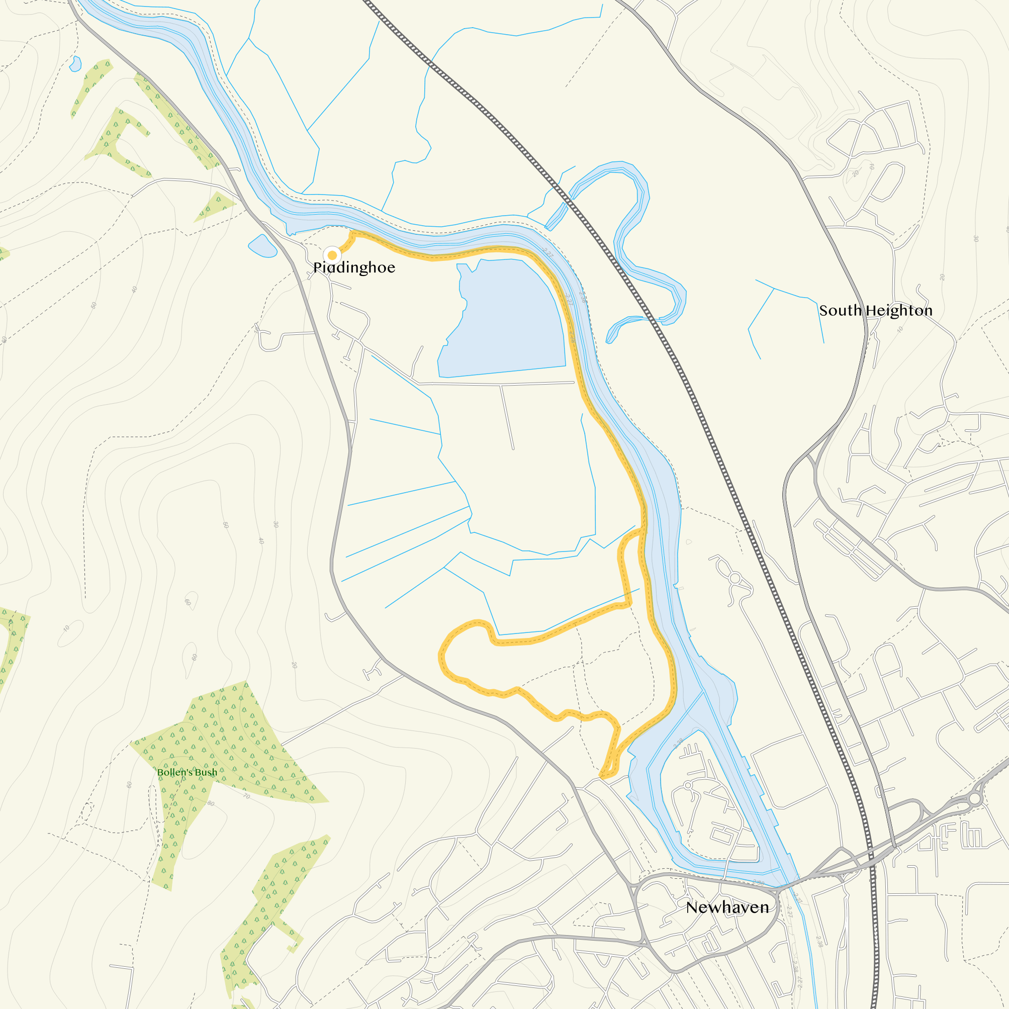 Route map for Piddinghoe Walk, a 3 mile circular walk in Sussex
