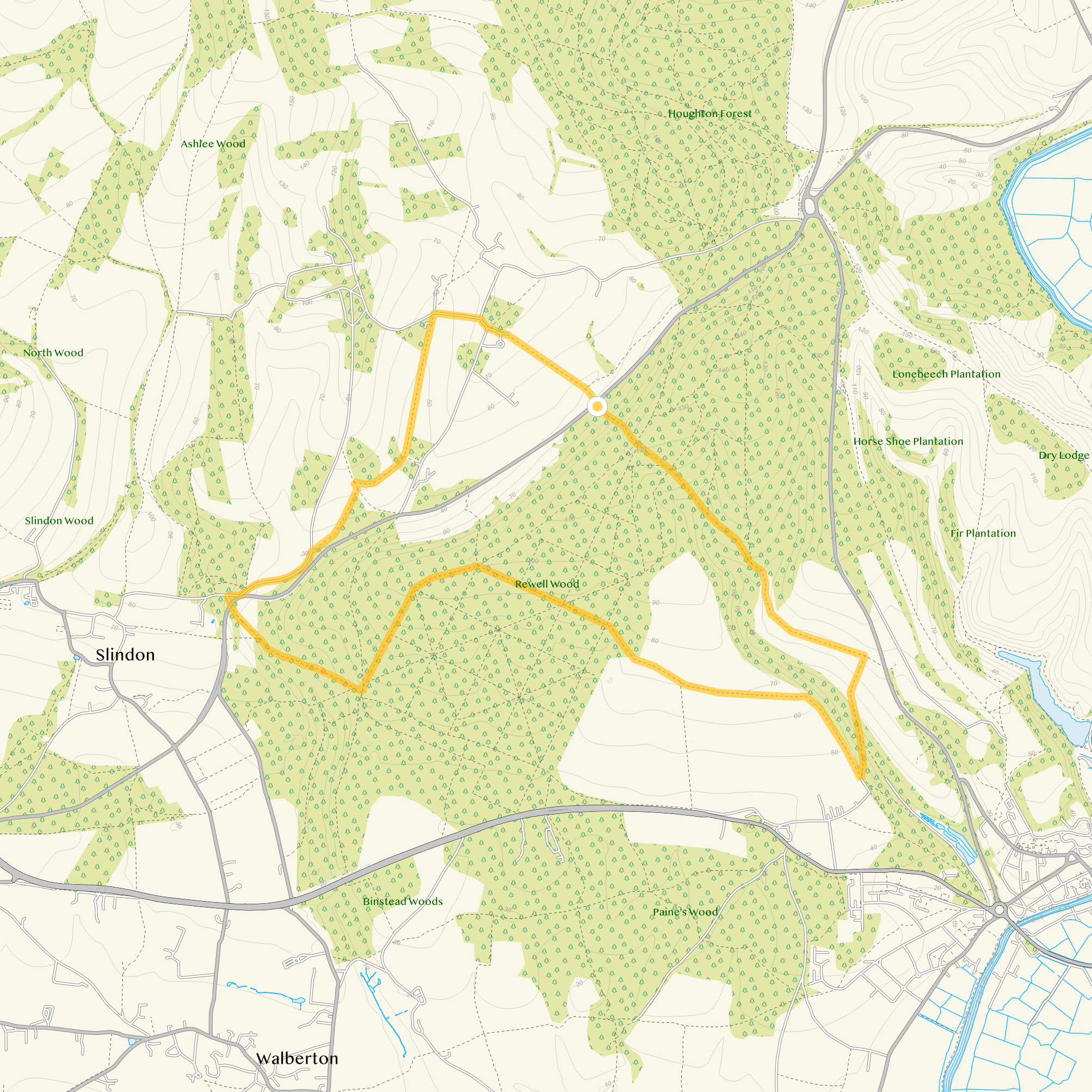 Route map for Rewell Wood Walk, a 6.75 mile circular walk in Sussex