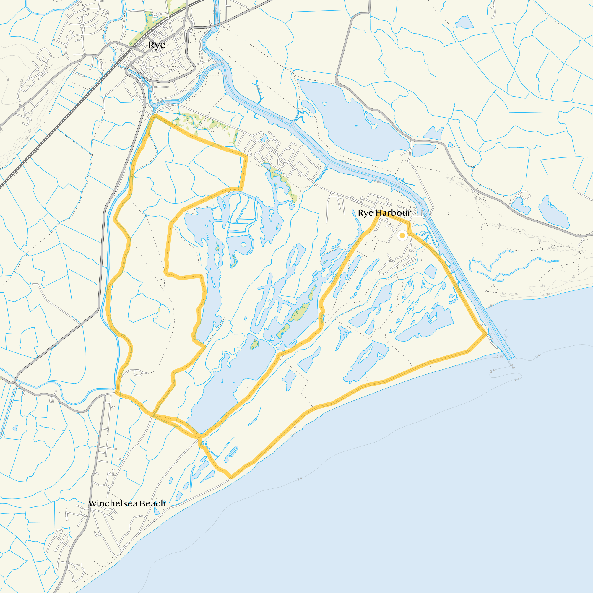 Route map for Rye Harbour Walk 4, a 9.5 mile circular walk in Sussex