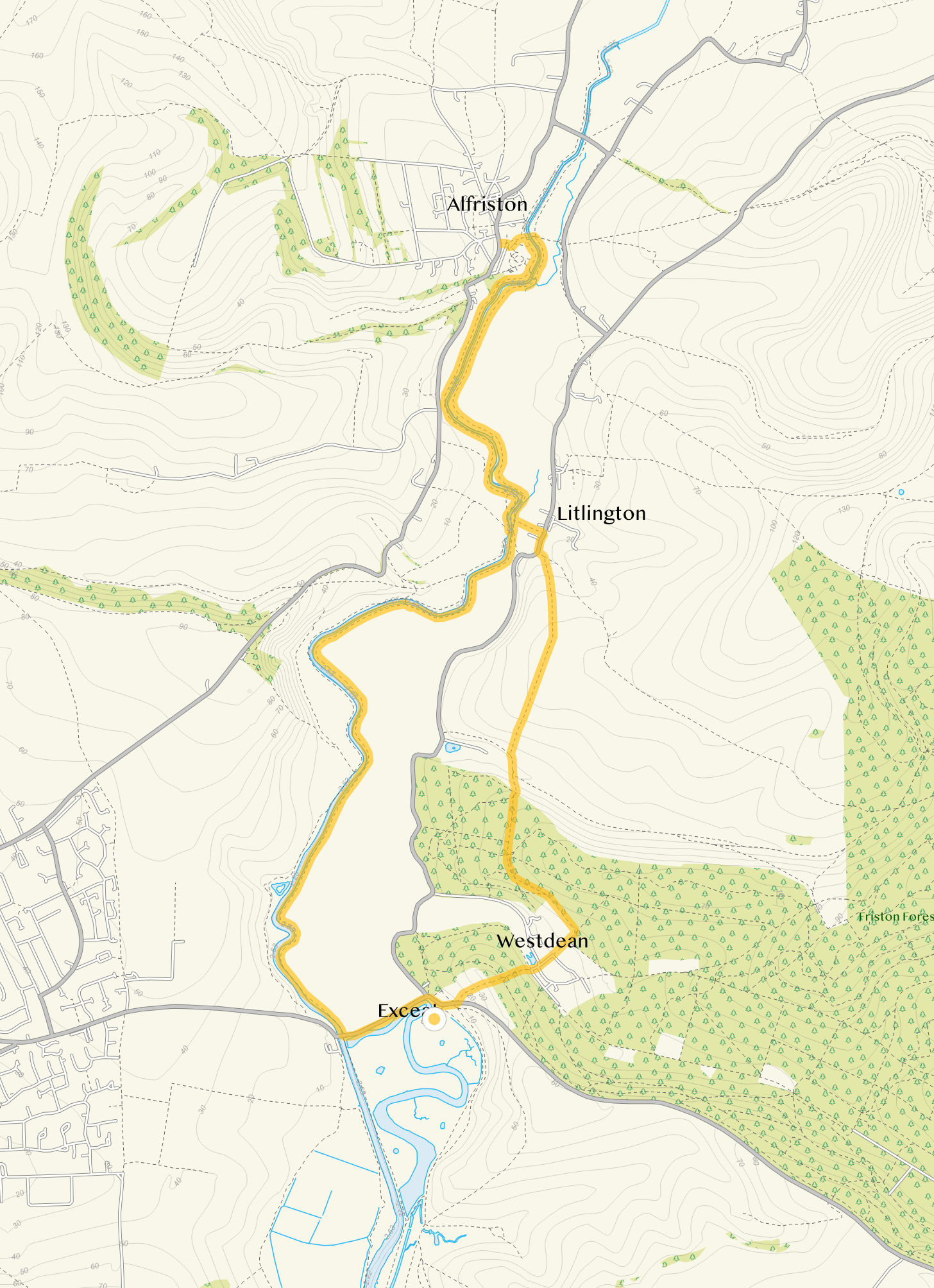 Route map for Cuckmere River and Alfriston, a 7 mile circular walk in Sussex