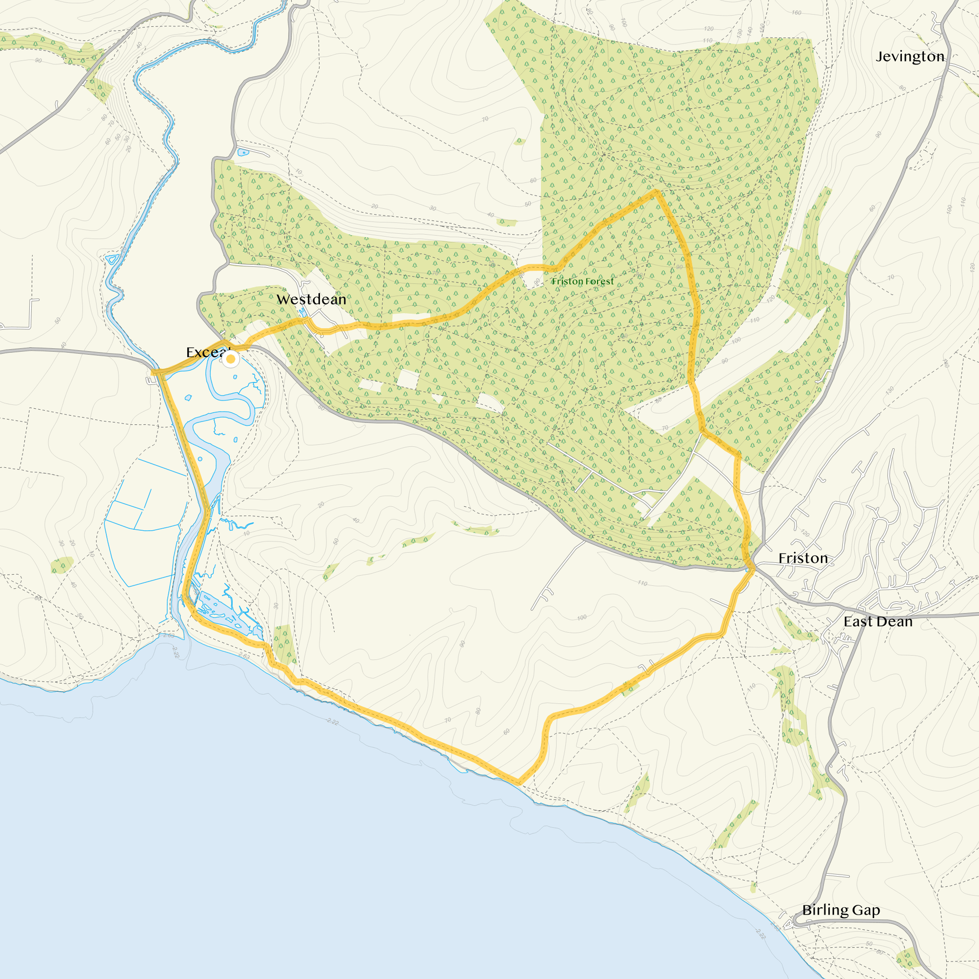 Route map for Seven Sisters & Friston Forest, a 7.5 mile circular walk in Sussex