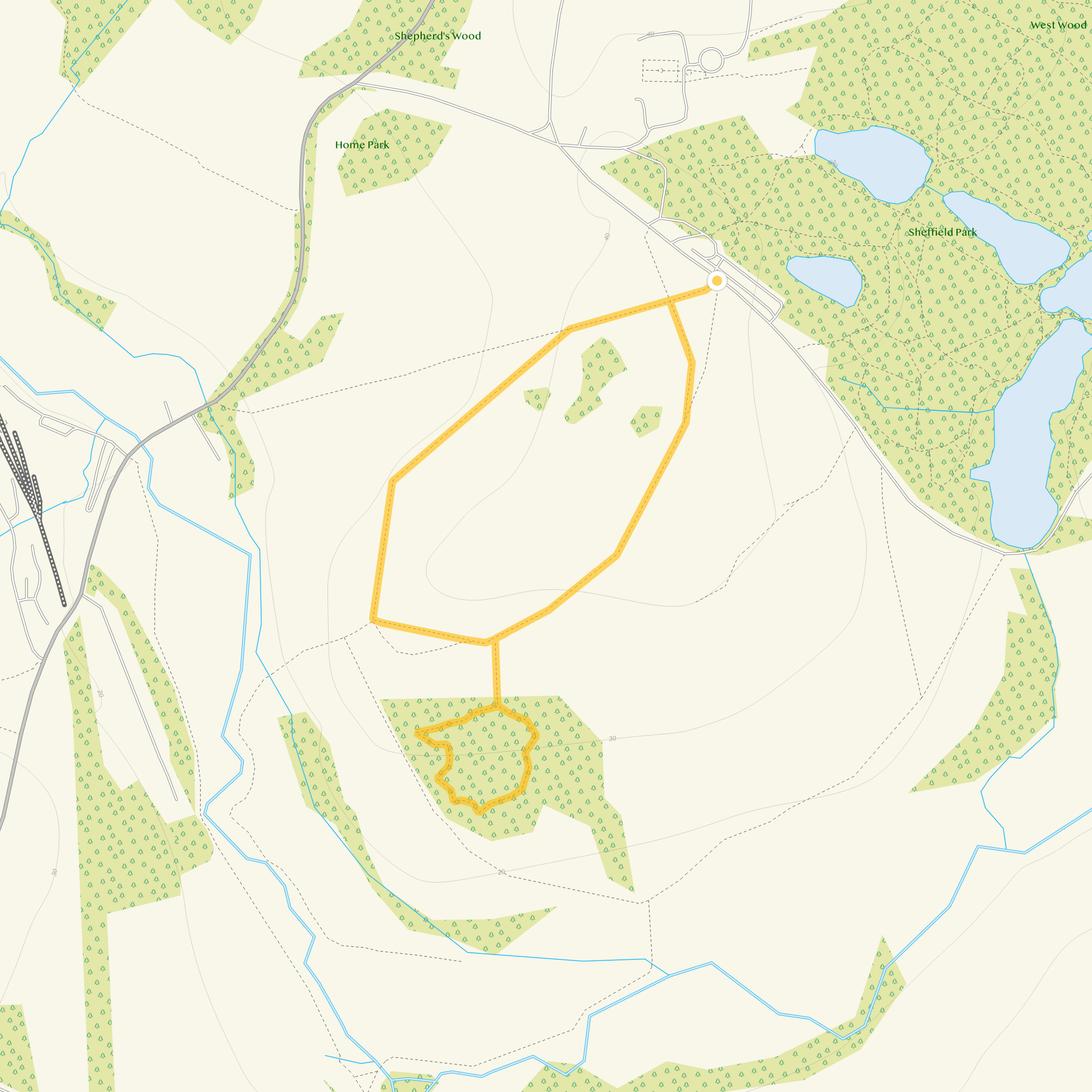 Route map for Sheffield Park Walk 1, a 1.25 mile circular walk in Sussex