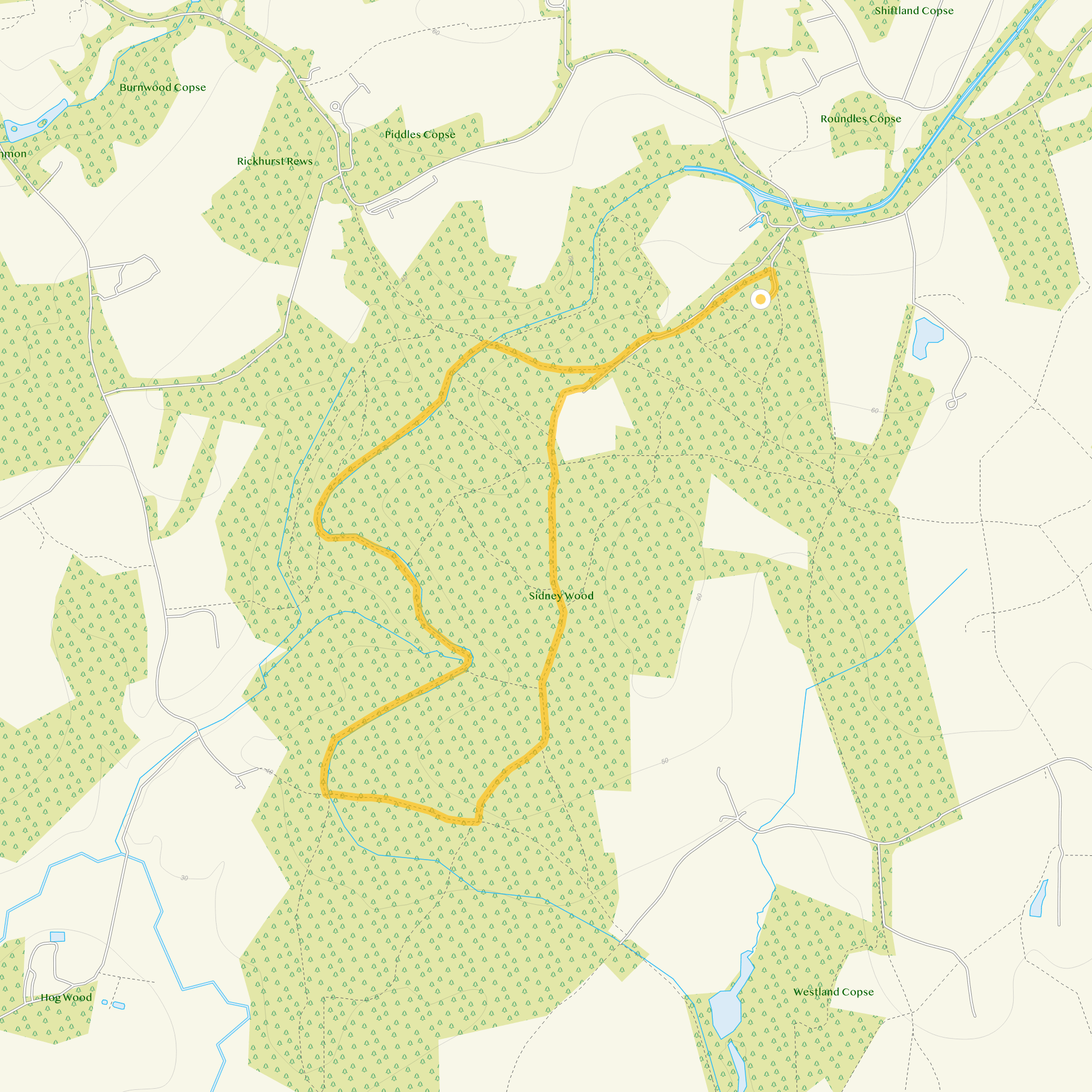 Route map for Sidney Wood Walk 1, a 2.75 mile circular walk in Sussex