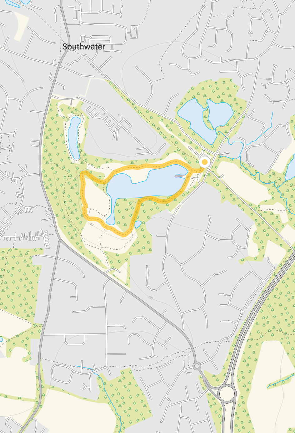 Route map for Southwater Park Walk, a 0.75 mile circular walk in Sussex