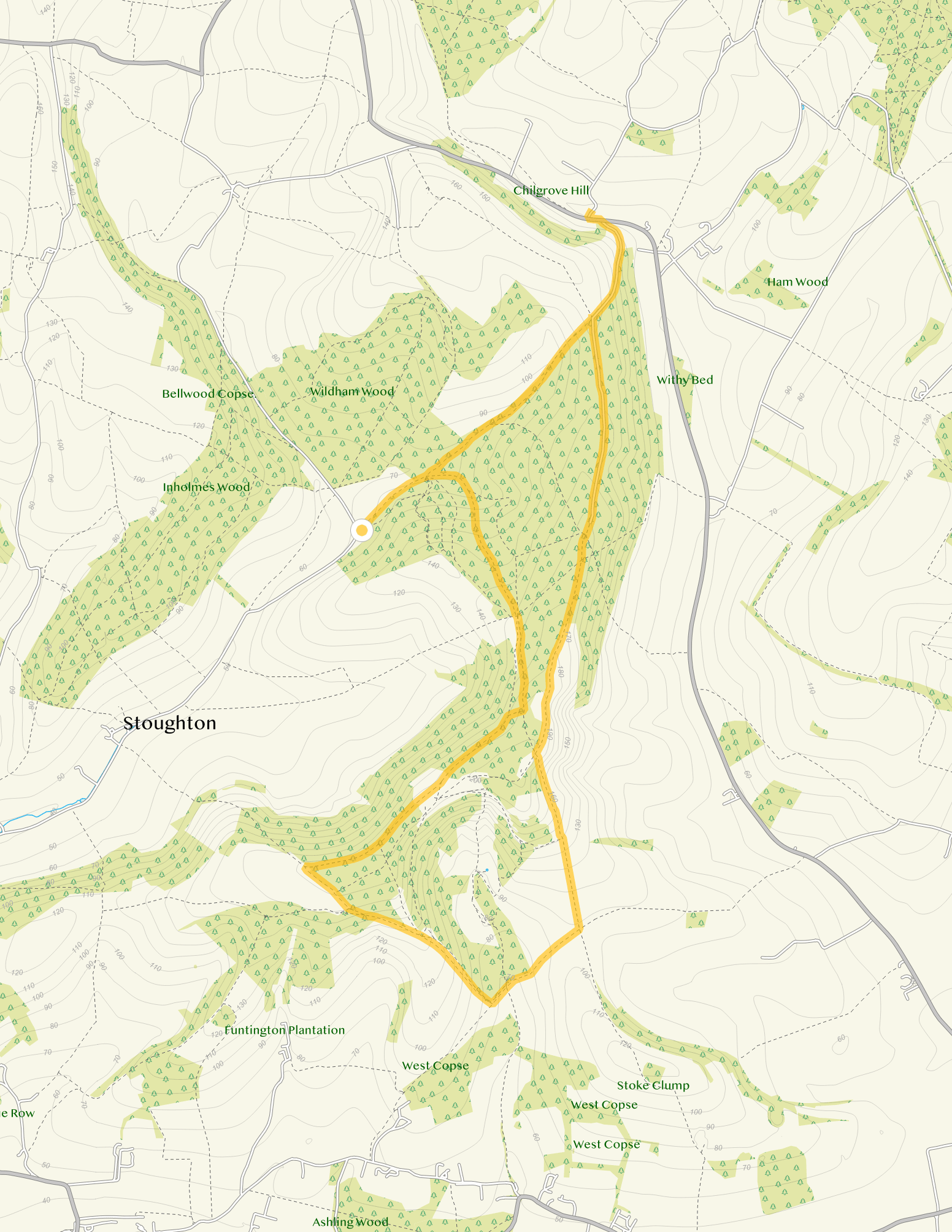 Route map for Stoughton Down Walk 3, a 7 mile circular walk in Sussex