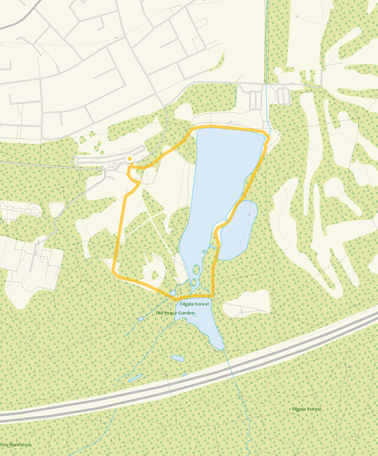 Route map for Tilgate park Walk 1, a 1 mile circular walk in Sussex