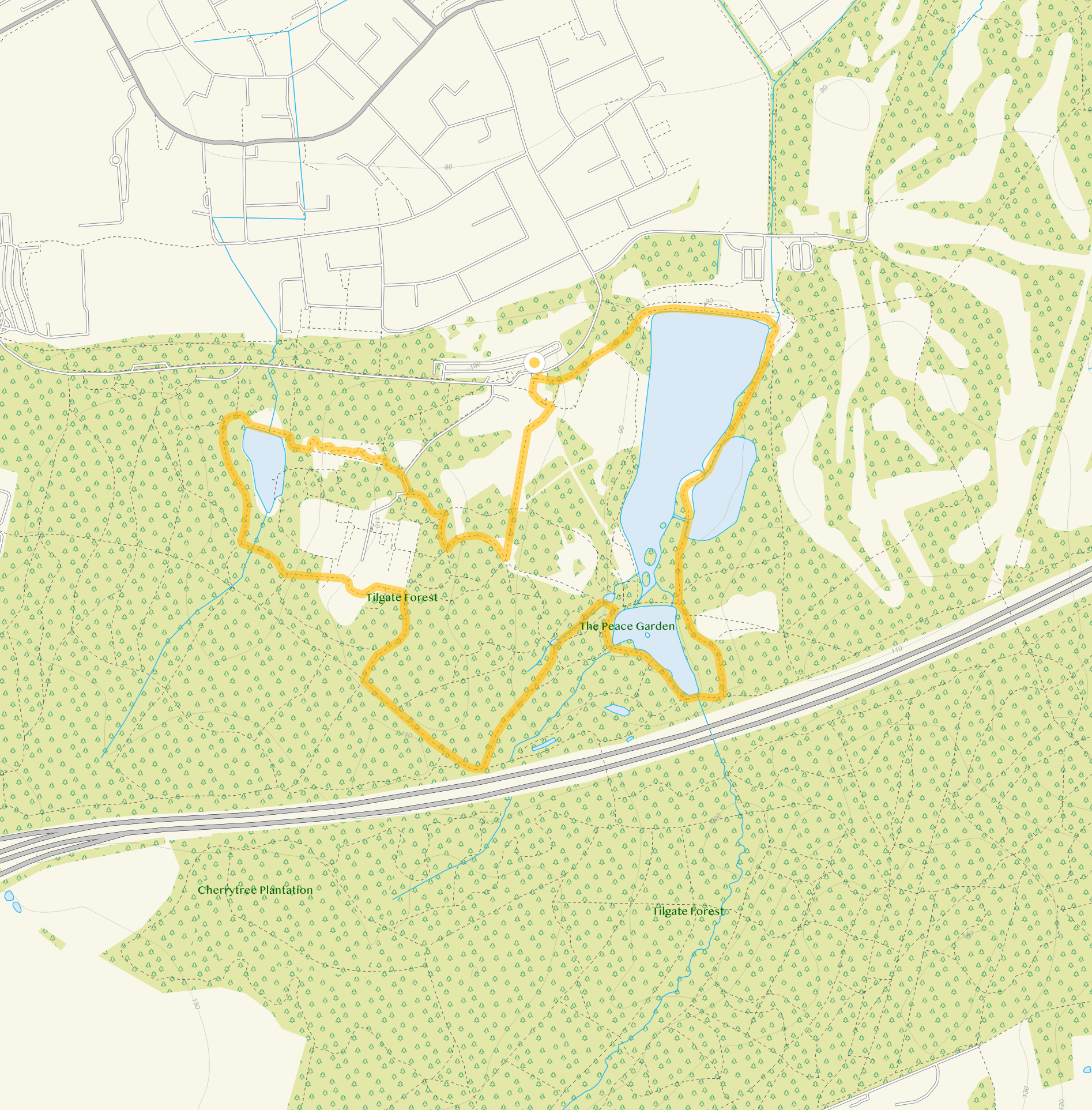 Route map for Tilgate park Walk 2, a 2.5 mile circular walk in Sussex