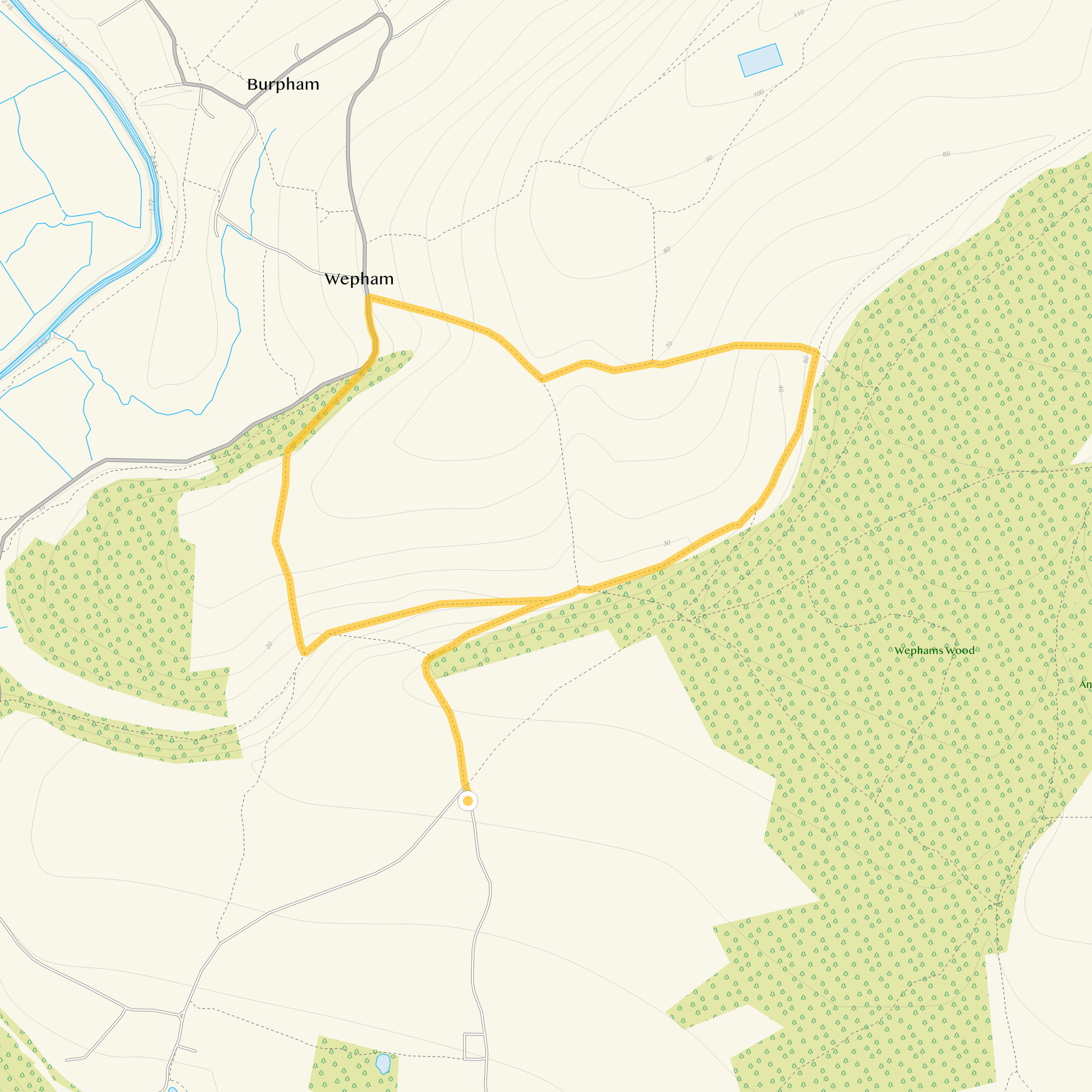 Route map for Wepham Walk 2, a 3 mile circular walk in Sussex