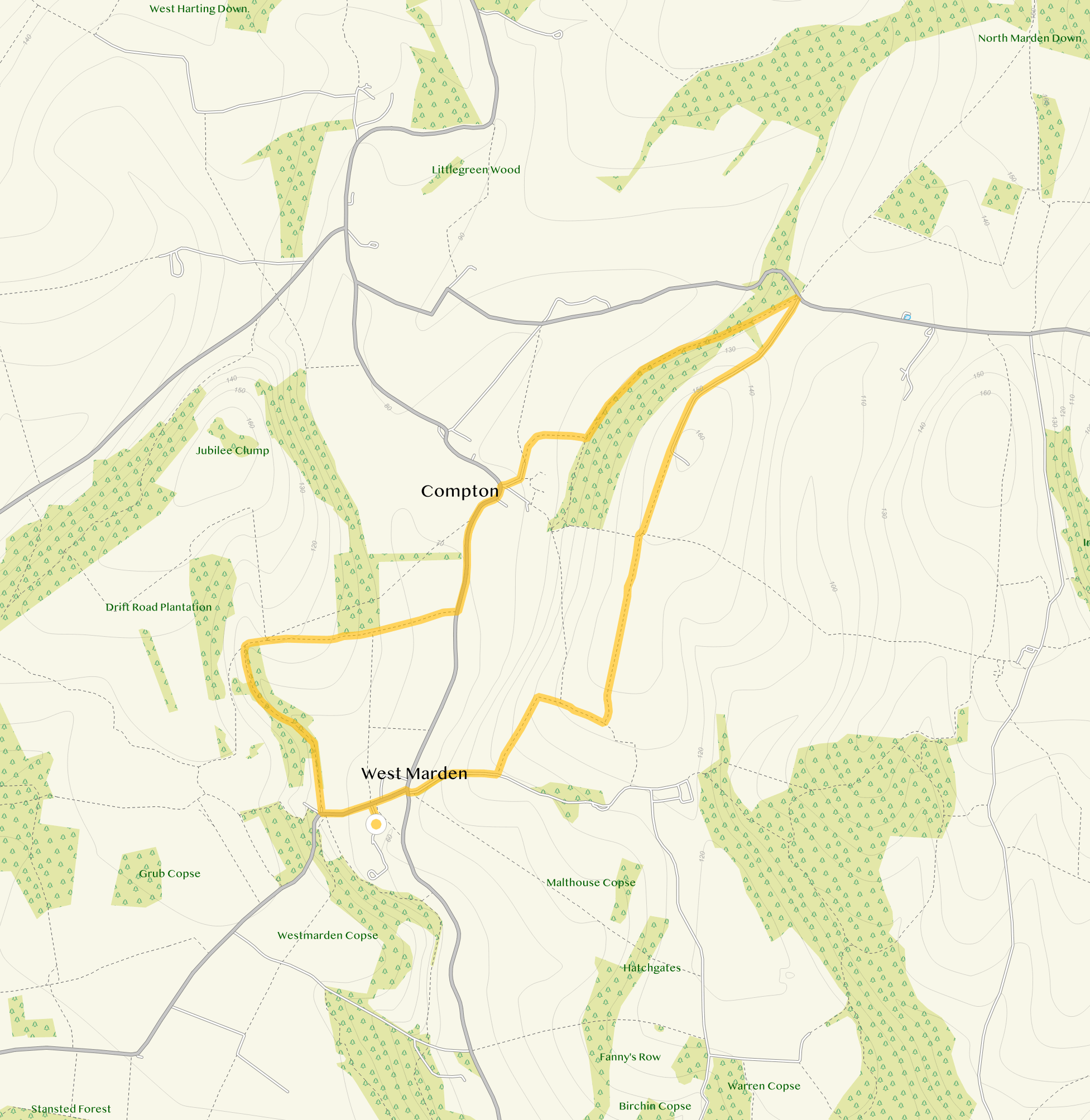 Route map for West Marden Walk 2, a 4.25 mile circular walk in Sussex