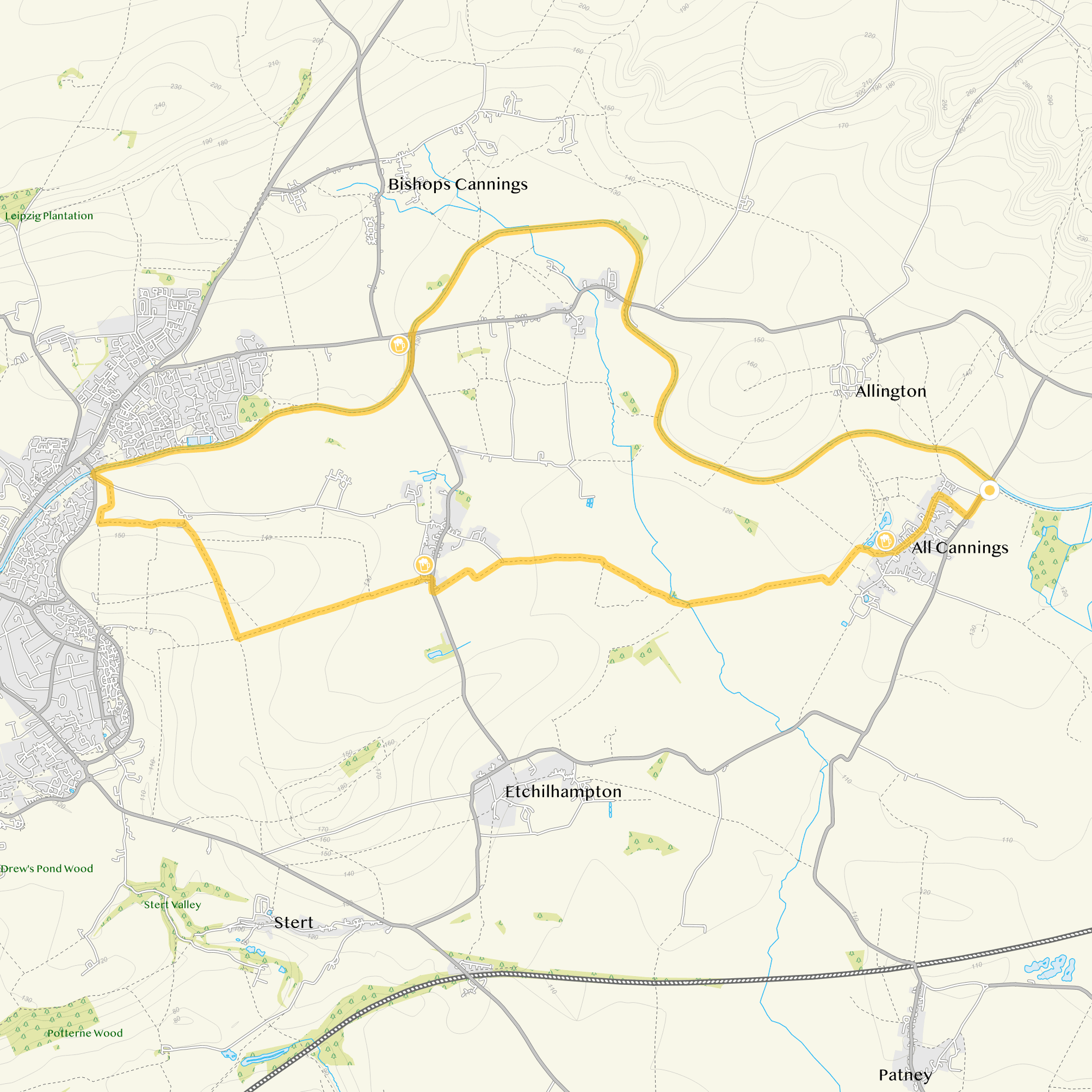Route map for All Cannings Walk 5, a 9.75 mile circular walk in Wiltshire
