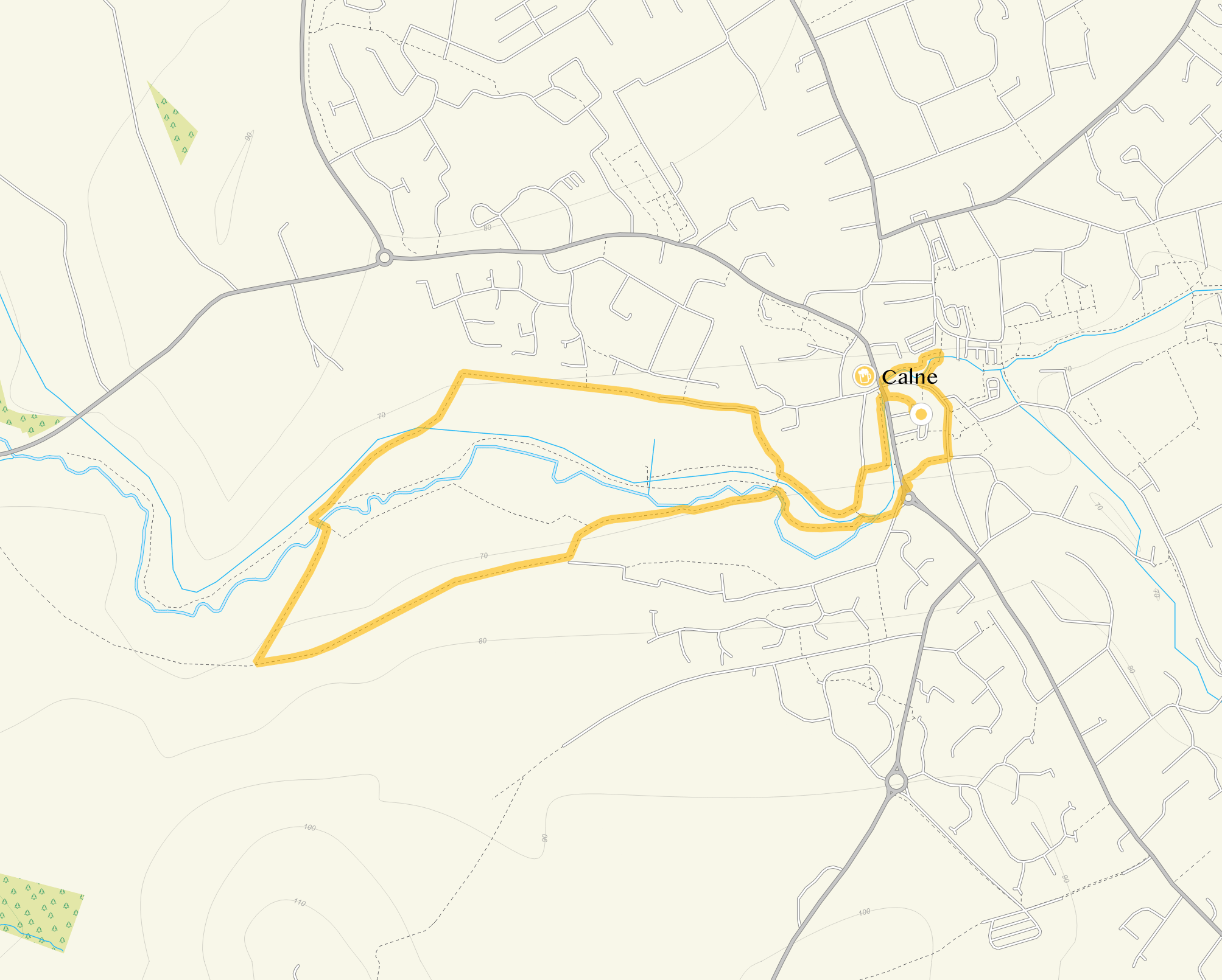 Route map for Calne Walk 2, a 2 mile circular walk in Wiltshire