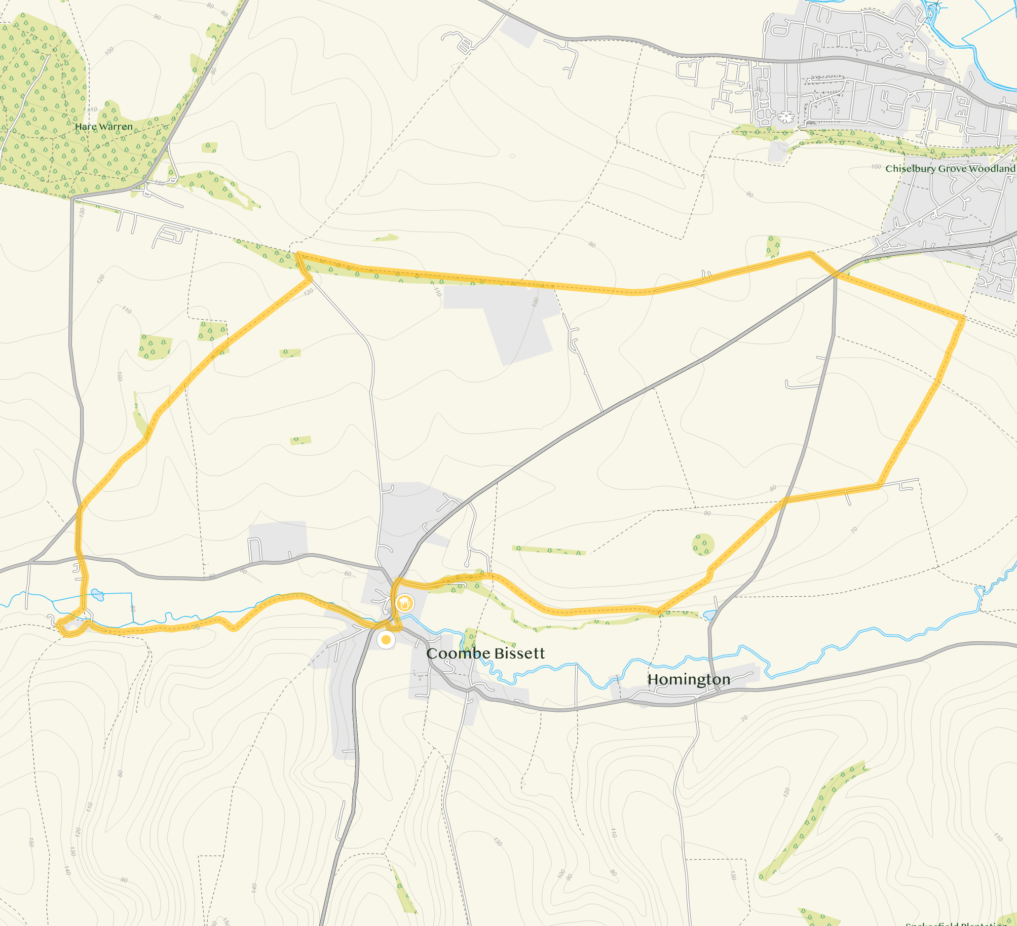 Route map for Coombe Bissett Walk 4, a 7.25 mile circular walk in Wiltshire
