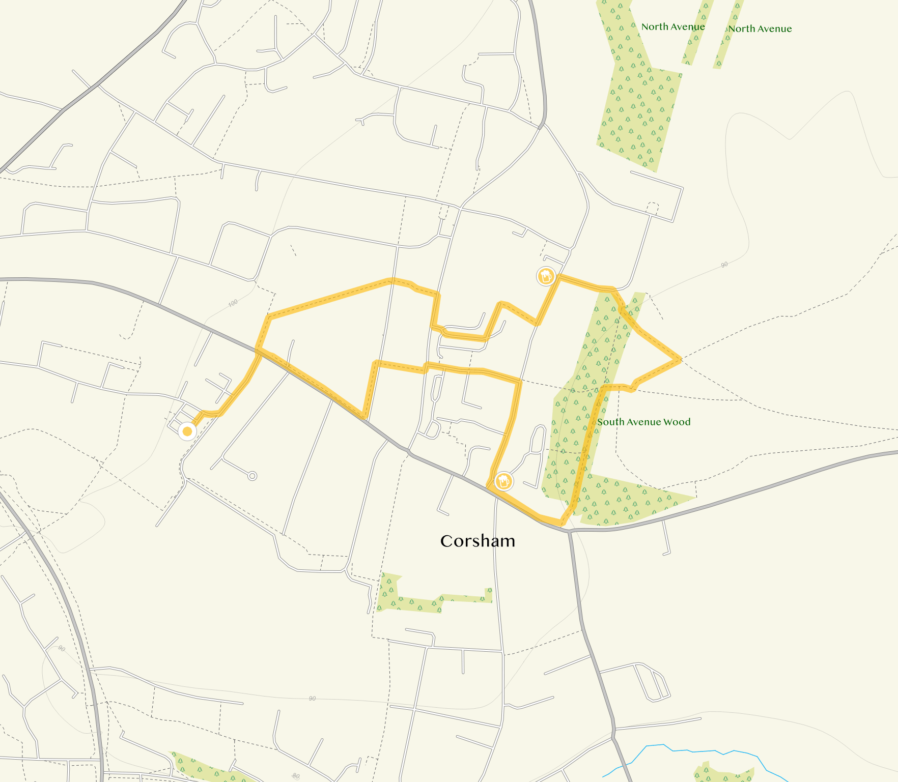 Route map for Corsham Walk 1, a 1.5 mile circular walk in Wiltshire