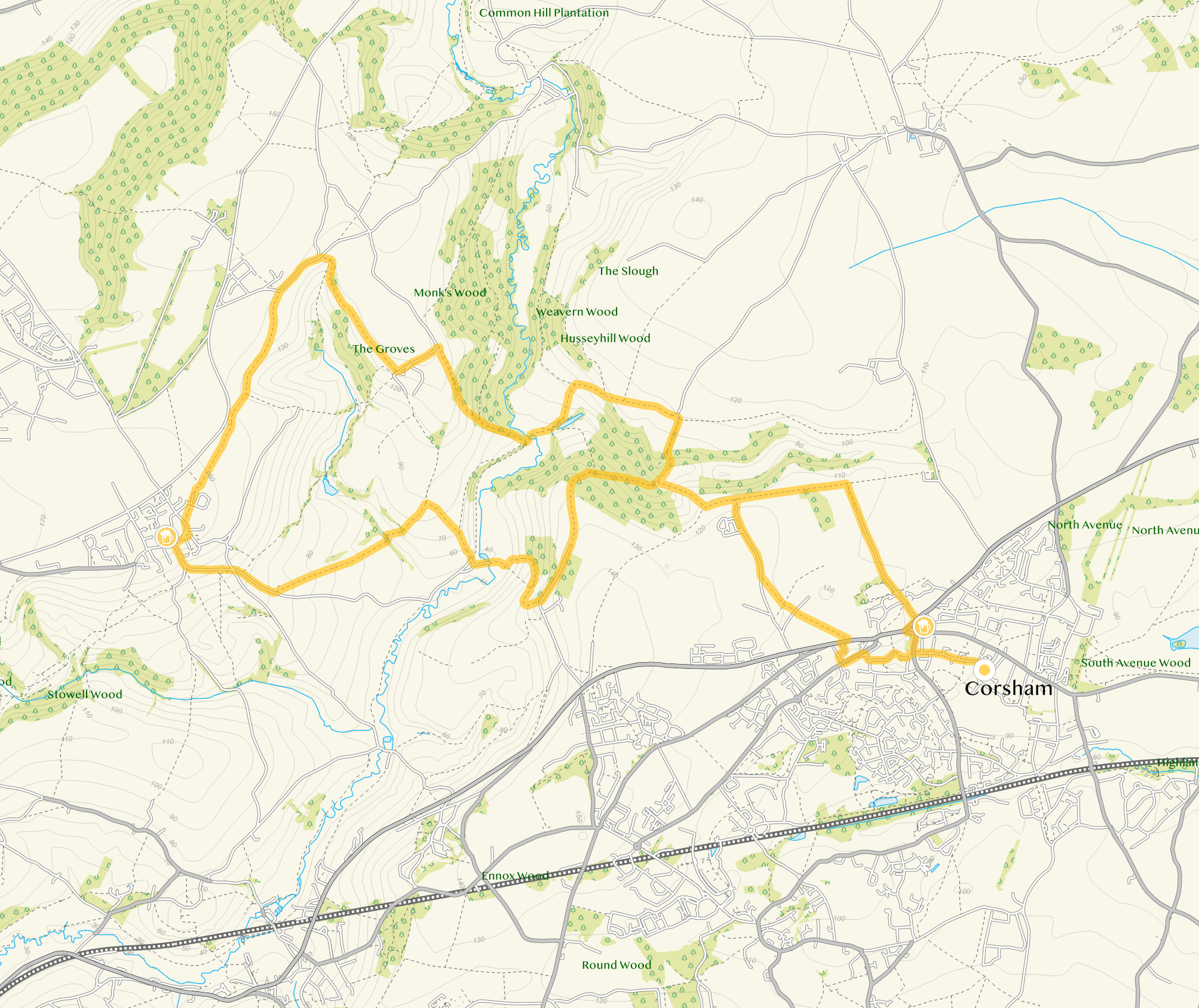 Route map for Corsham Walk 5, a 9.5 mile circular walk in Wiltshire