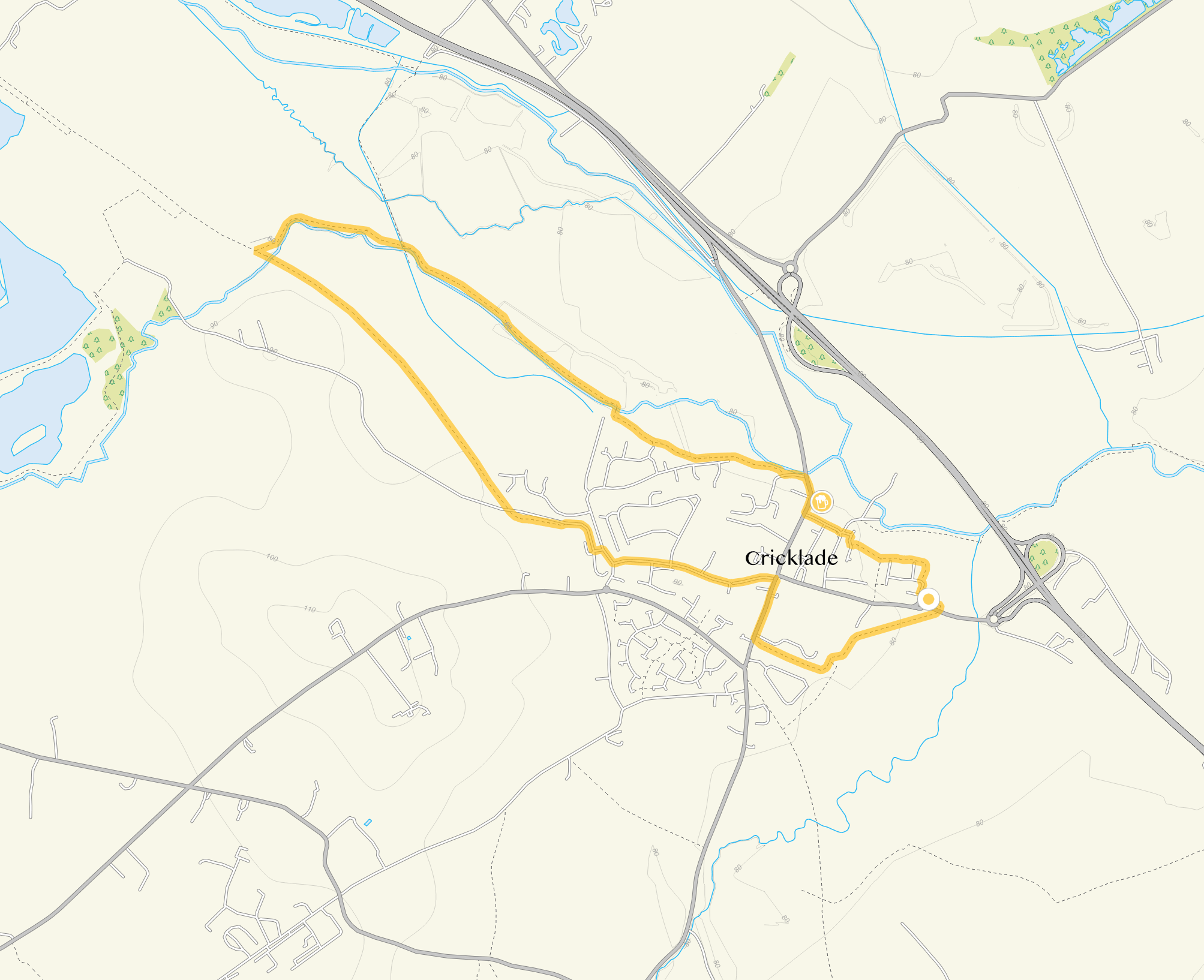 Route map for Cricklade Walk 1, a 4 mile circular walk in Wiltshire