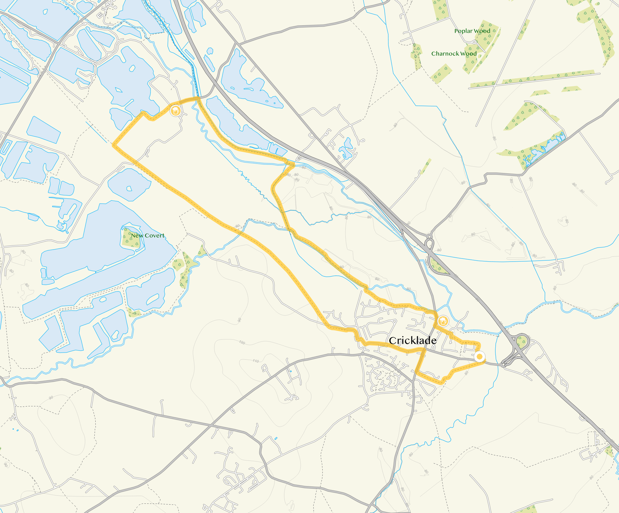 Route map for Cricklade Walk 2, a 6.5 mile circular walk in Wiltshire