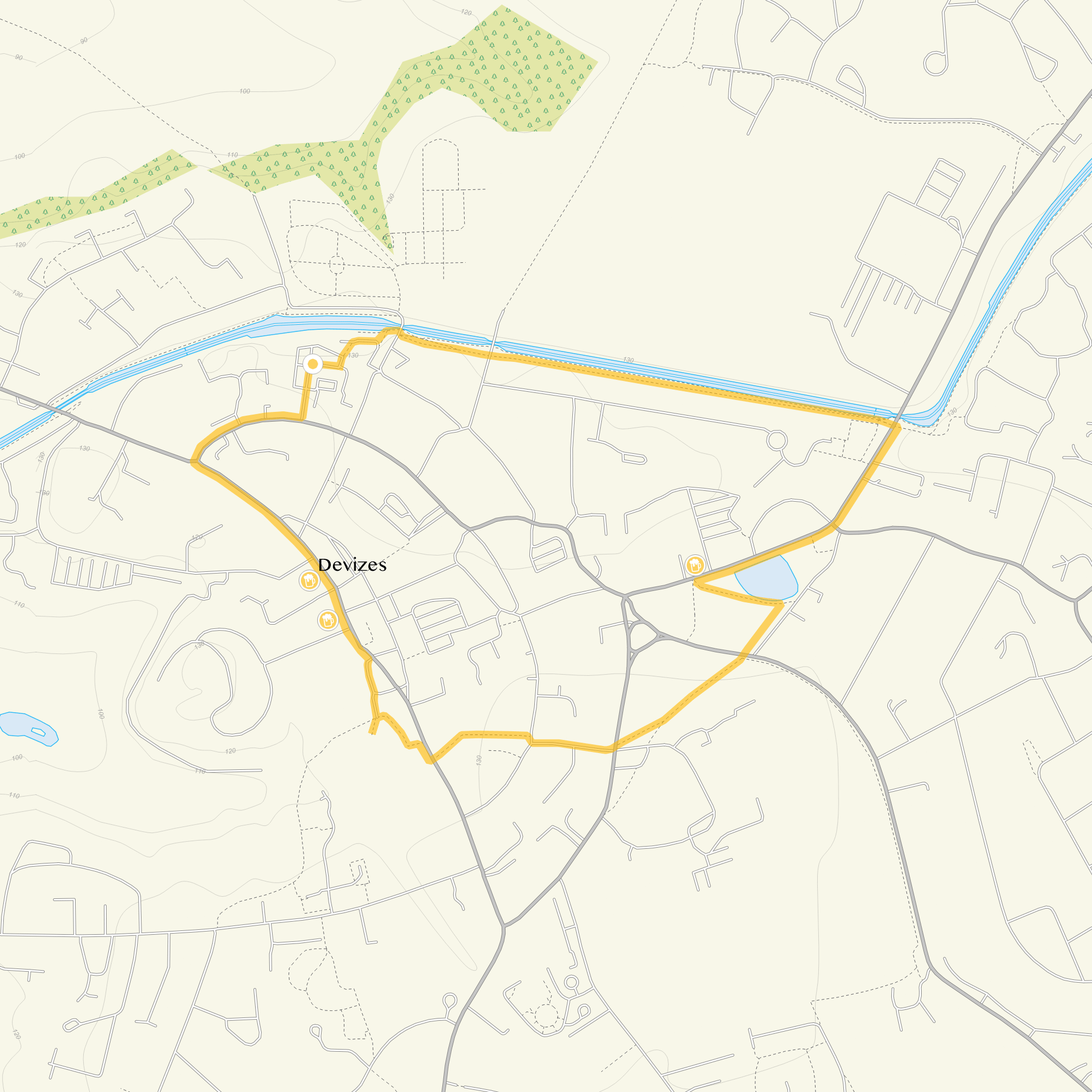 Route map for Devizes Walk 1, a 1.75 mile circular walk in Wiltshire