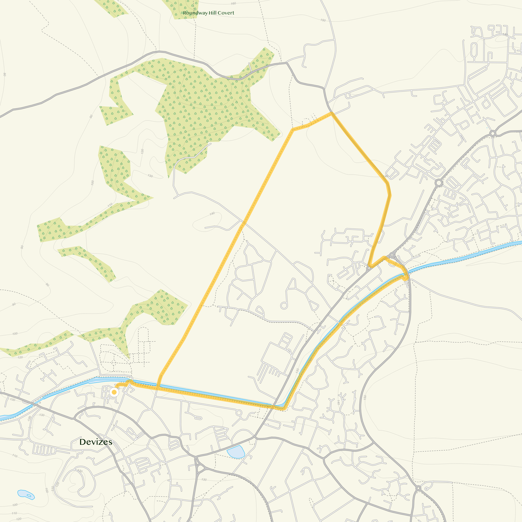 Route map for Devizes Walk 2, a 2.75 mile circular walk in Wiltshire