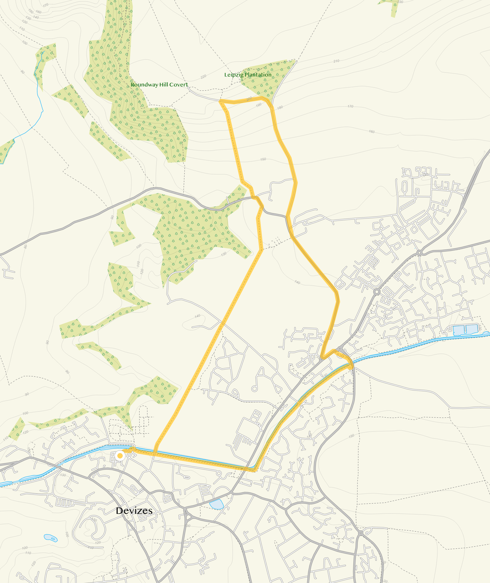 Route map for Devizes Walk 3, a 4 mile circular walk in Wiltshire