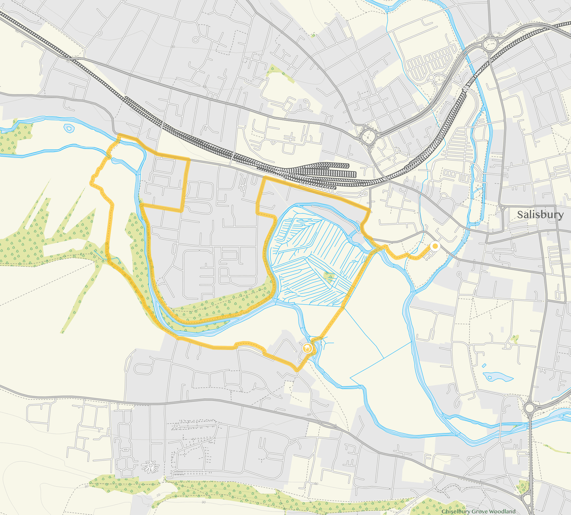 Route map for Harnham Watermeadows Walk 2, a 3.75 mile circular walk in Wiltshire