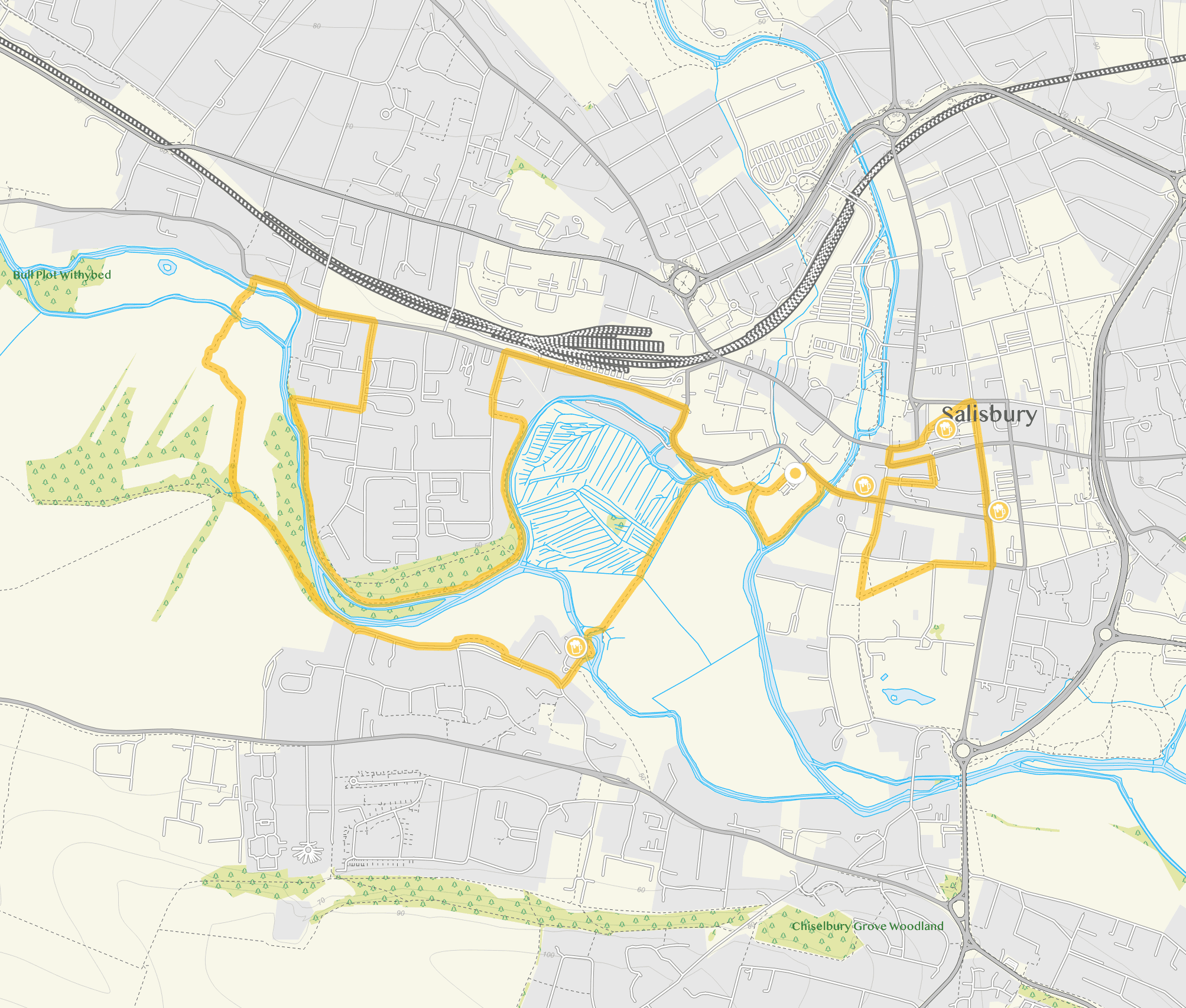Route map for Harnham Watermeadows Walk 3, a 5.25 mile circular walk in Wiltshire