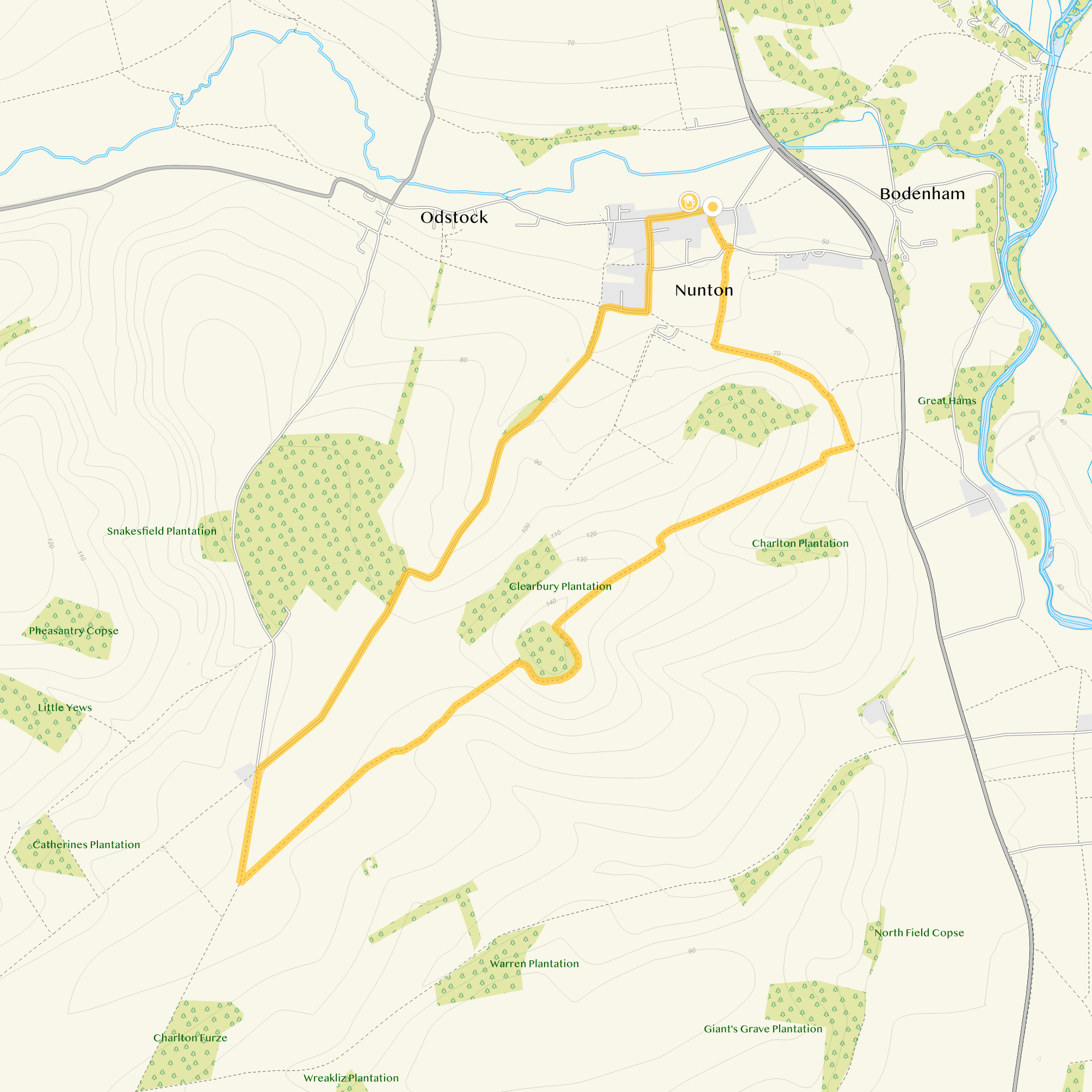 Route map for Nunton Walk 1, a 5.25 mile circular walk in Wiltshire