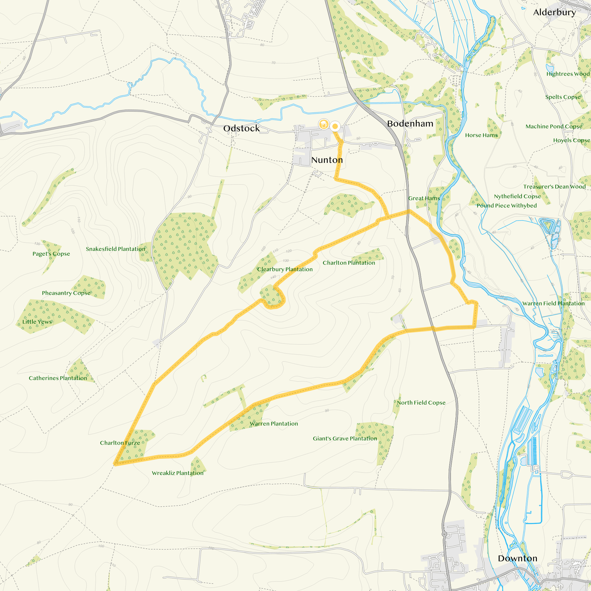 Route map for Nunton Walk 2, an 8 mile circular walk in Wiltshire