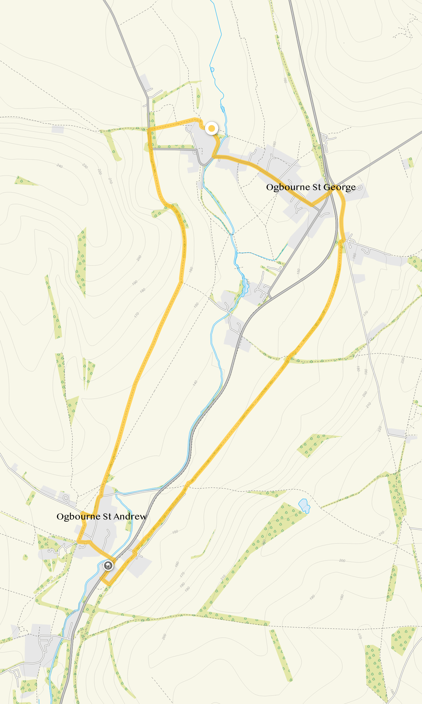 Route map for Ogbourne St George Walk 2, a 4.75 mile circular walk in Wiltshire
