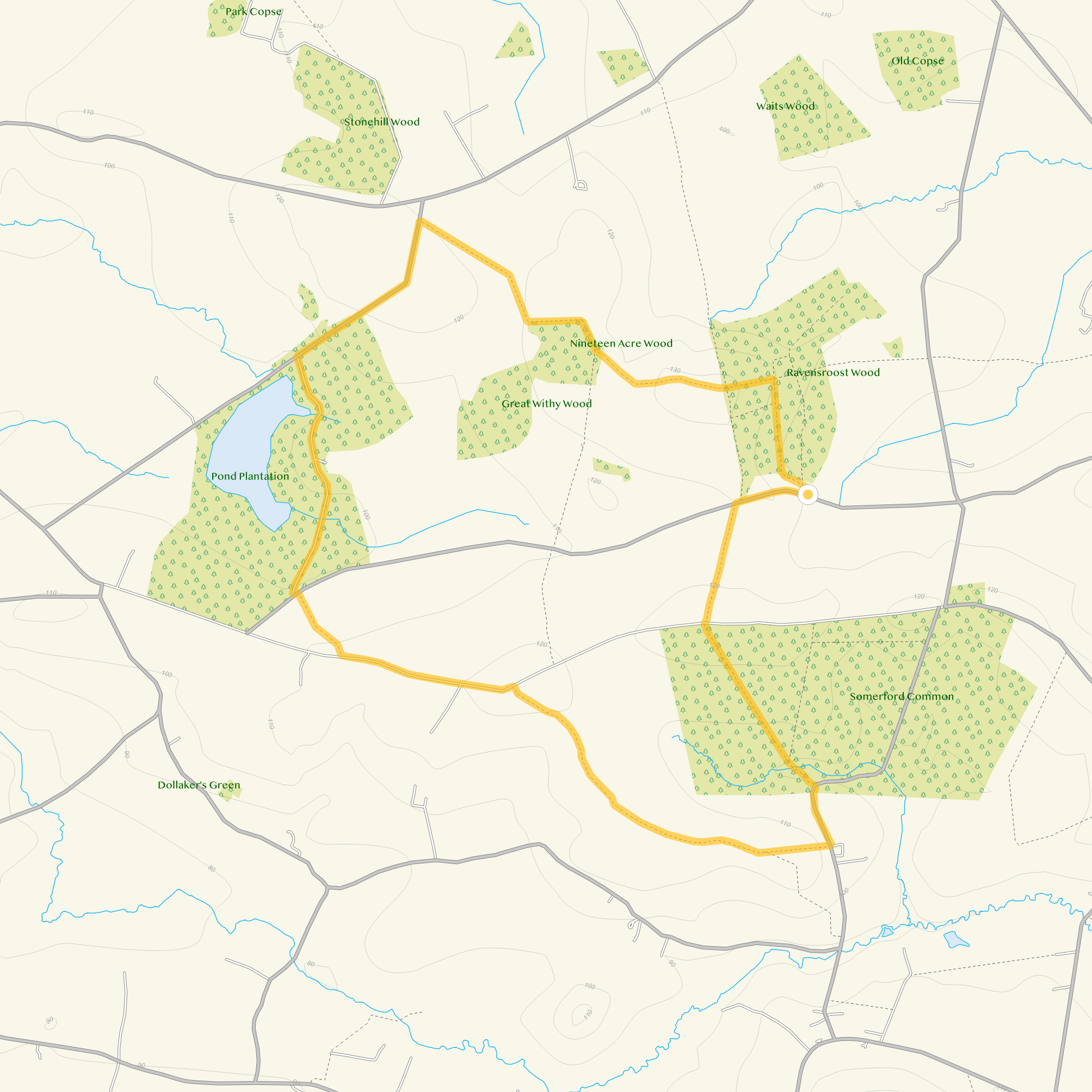 Route map for Ravensroost Wood Walk 2, a 6 mile circular walk in Wiltshire