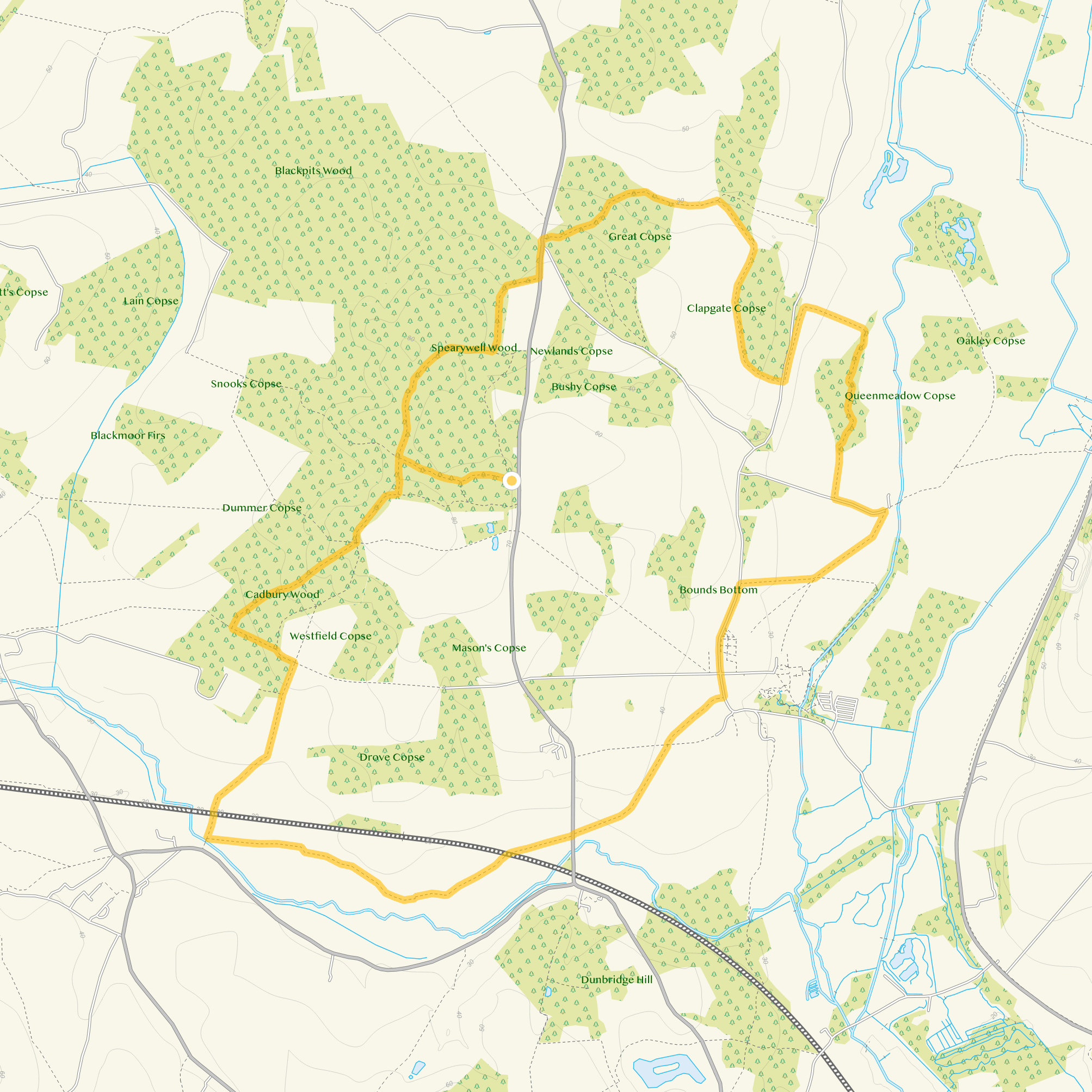 Route map for Spearywell Wood Walk 2, a 6.75 mile circular walk in Wiltshire