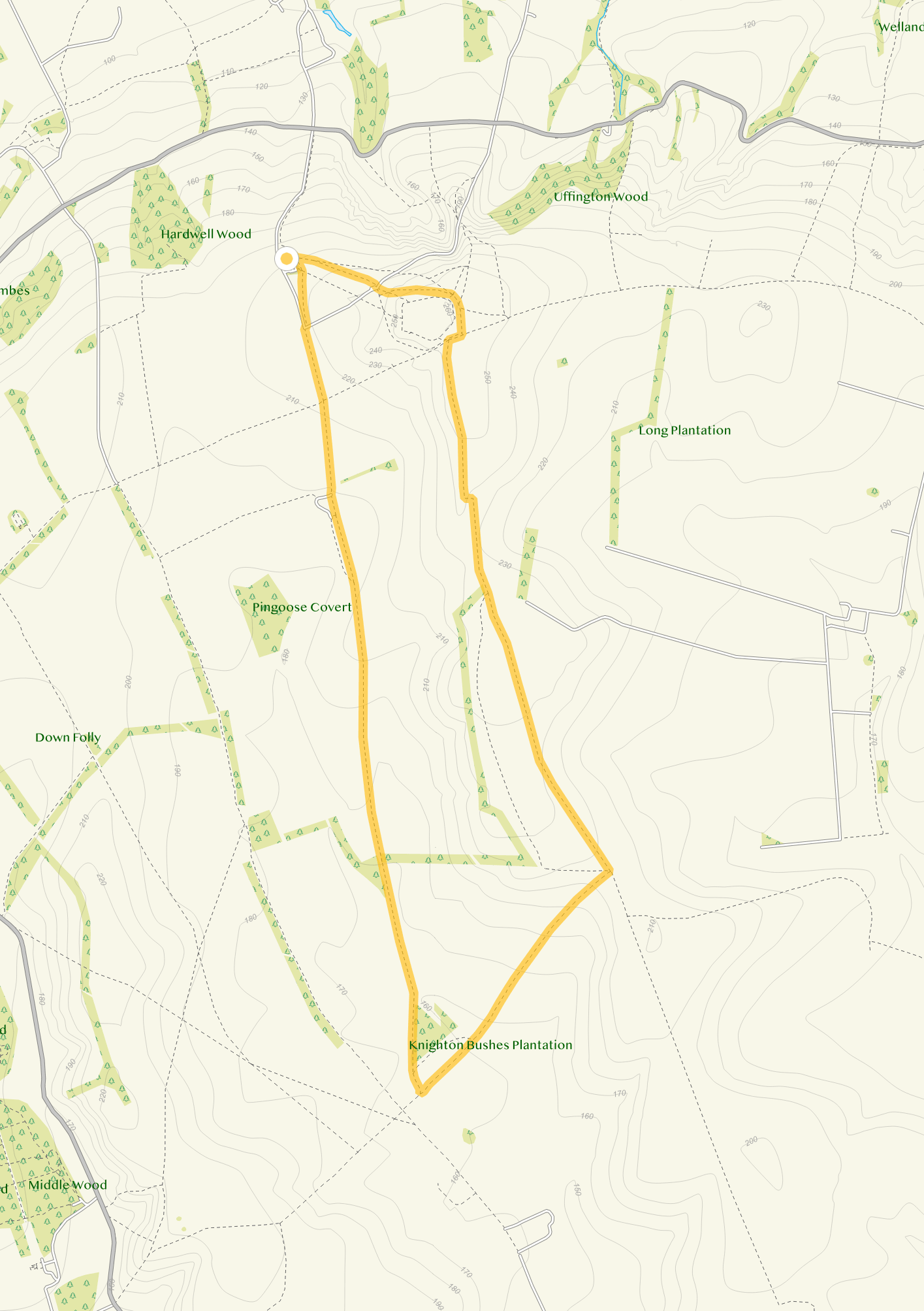Route map for Uffington Walk, a 5.5 mile circular walk in Wiltshire
