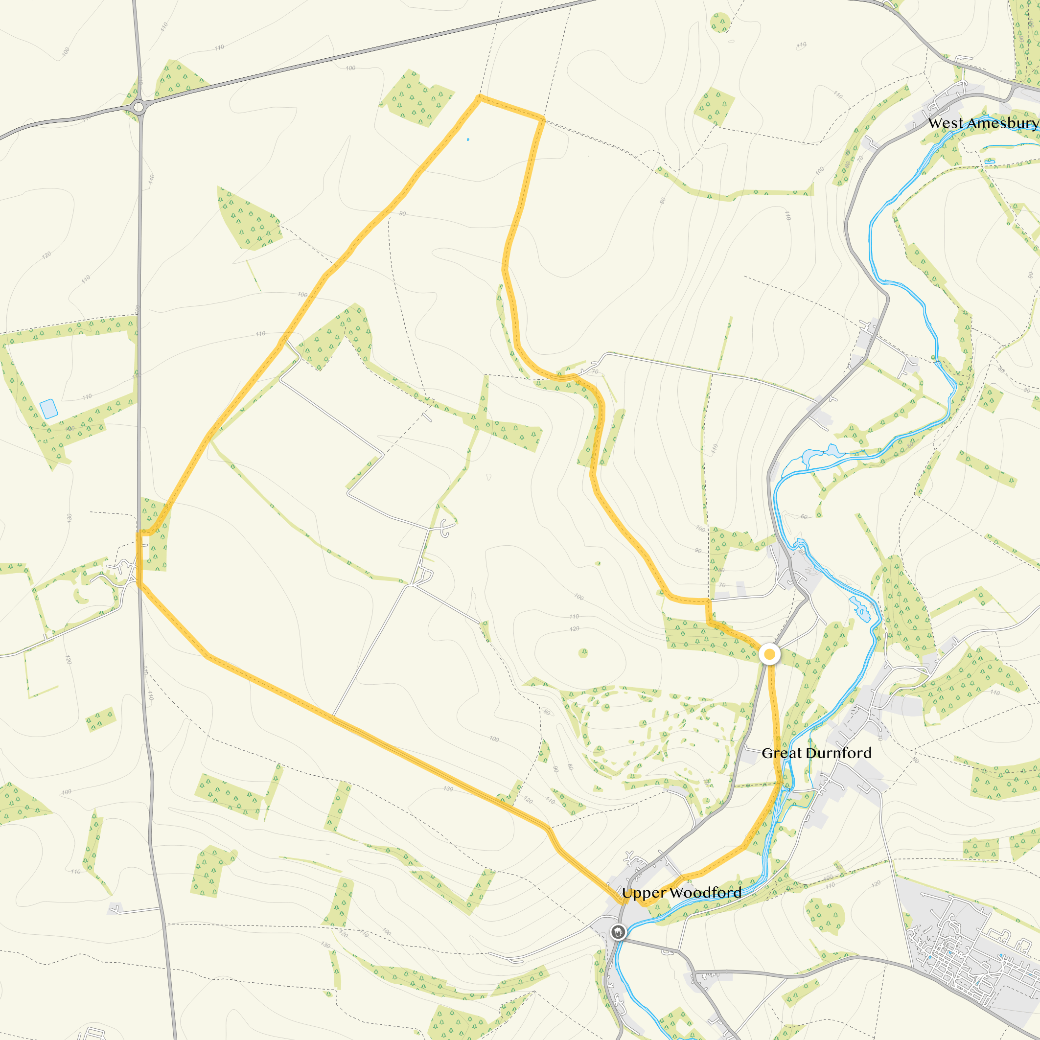 Route map for Upper Woodford Walk, a 7.5 mile circular walk in Wiltshire